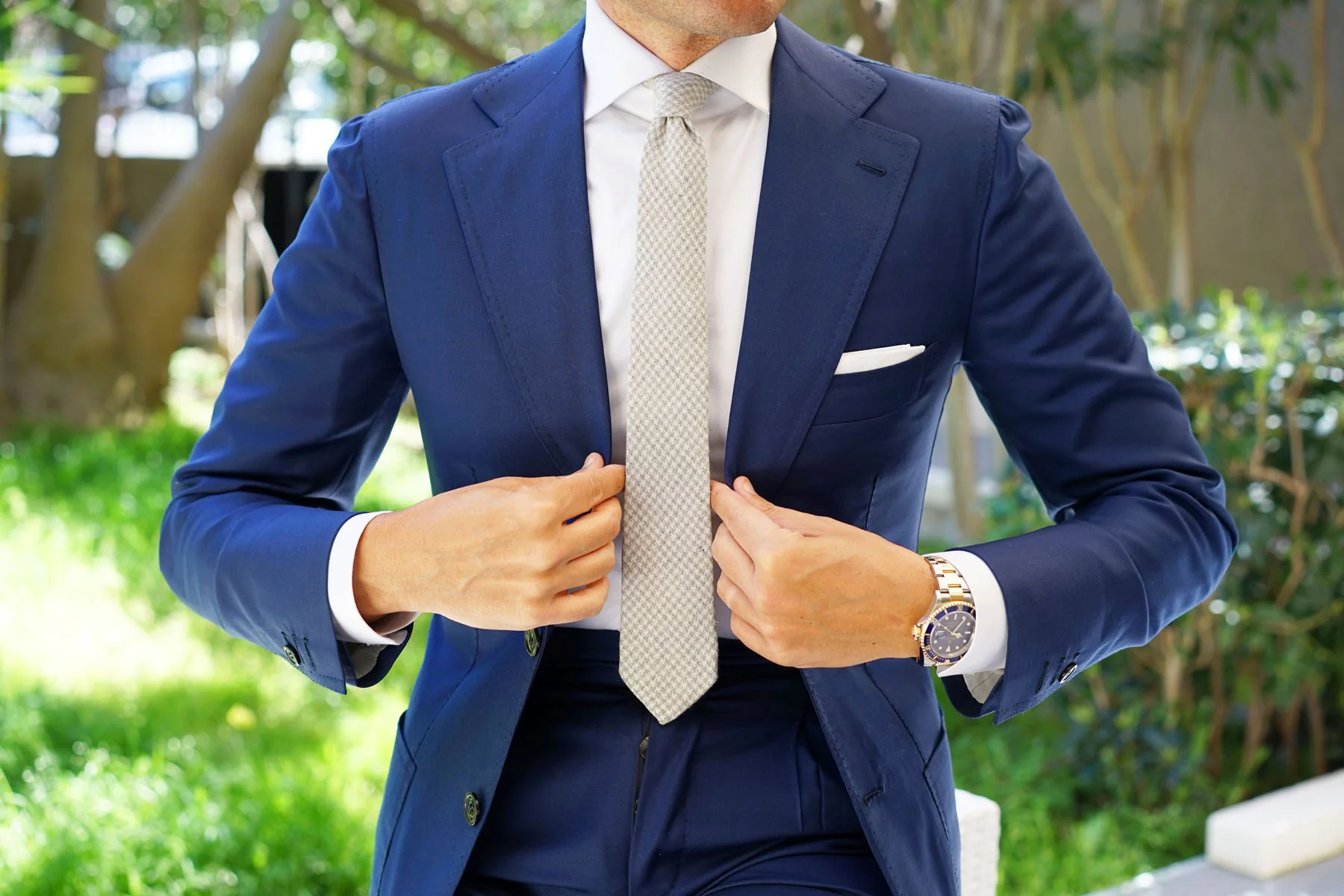 Gray Houndstooth Khaki Linen Skinny Tie - Image 4