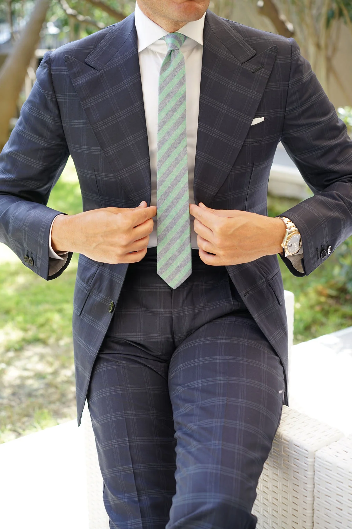 Green & Blue Bengal Linen Skinny Tie - Image 10