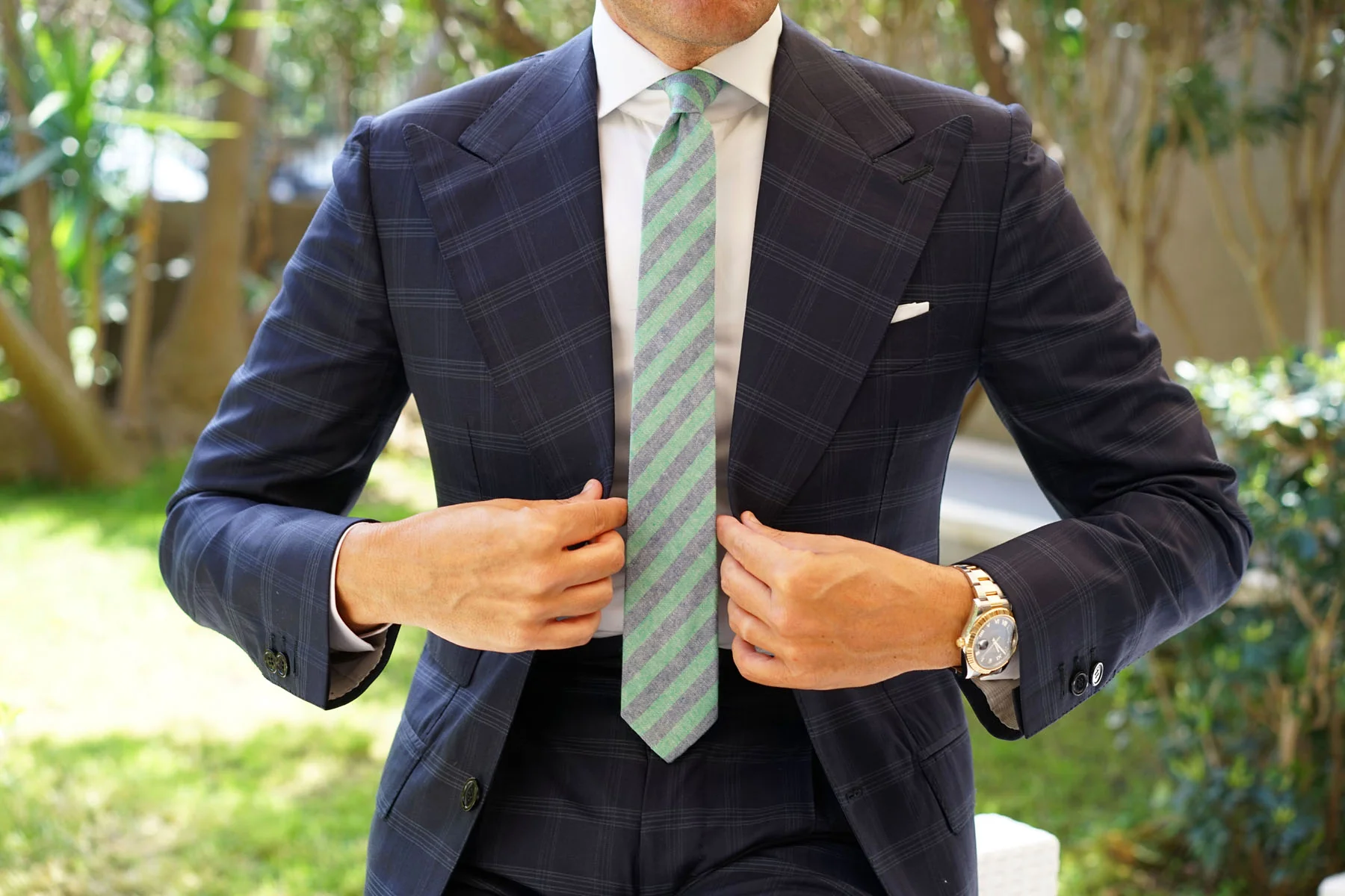 Green & Blue Bengal Linen Skinny Tie - Image 4