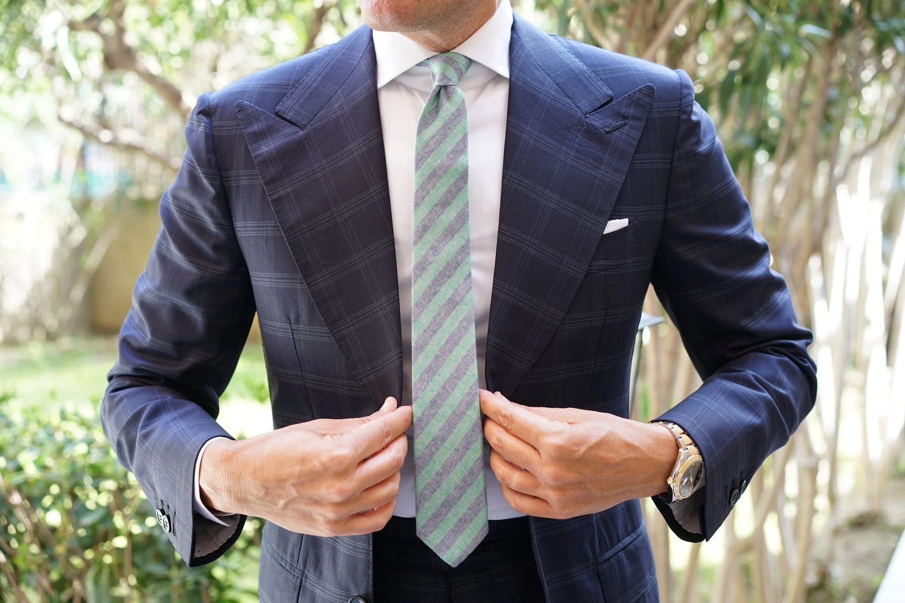 Green & Blue Bengal Linen Skinny Tie - Image 6