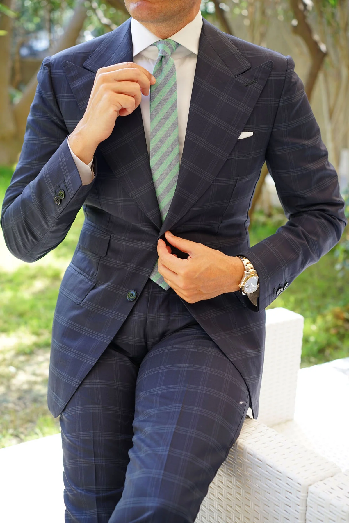 Green & Blue Bengal Linen Skinny Tie - Image 7