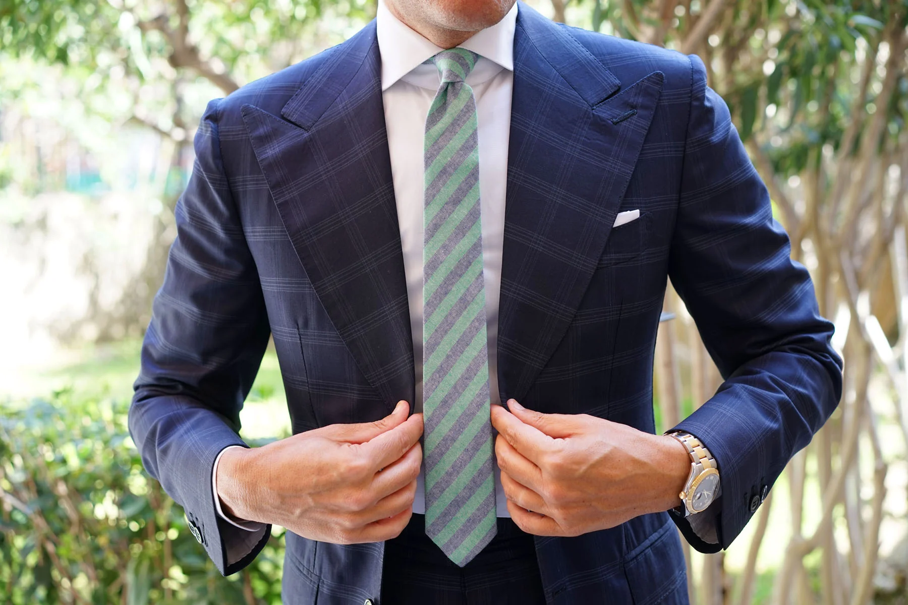 Green & Blue Bengal Linen Skinny Tie - Image 9