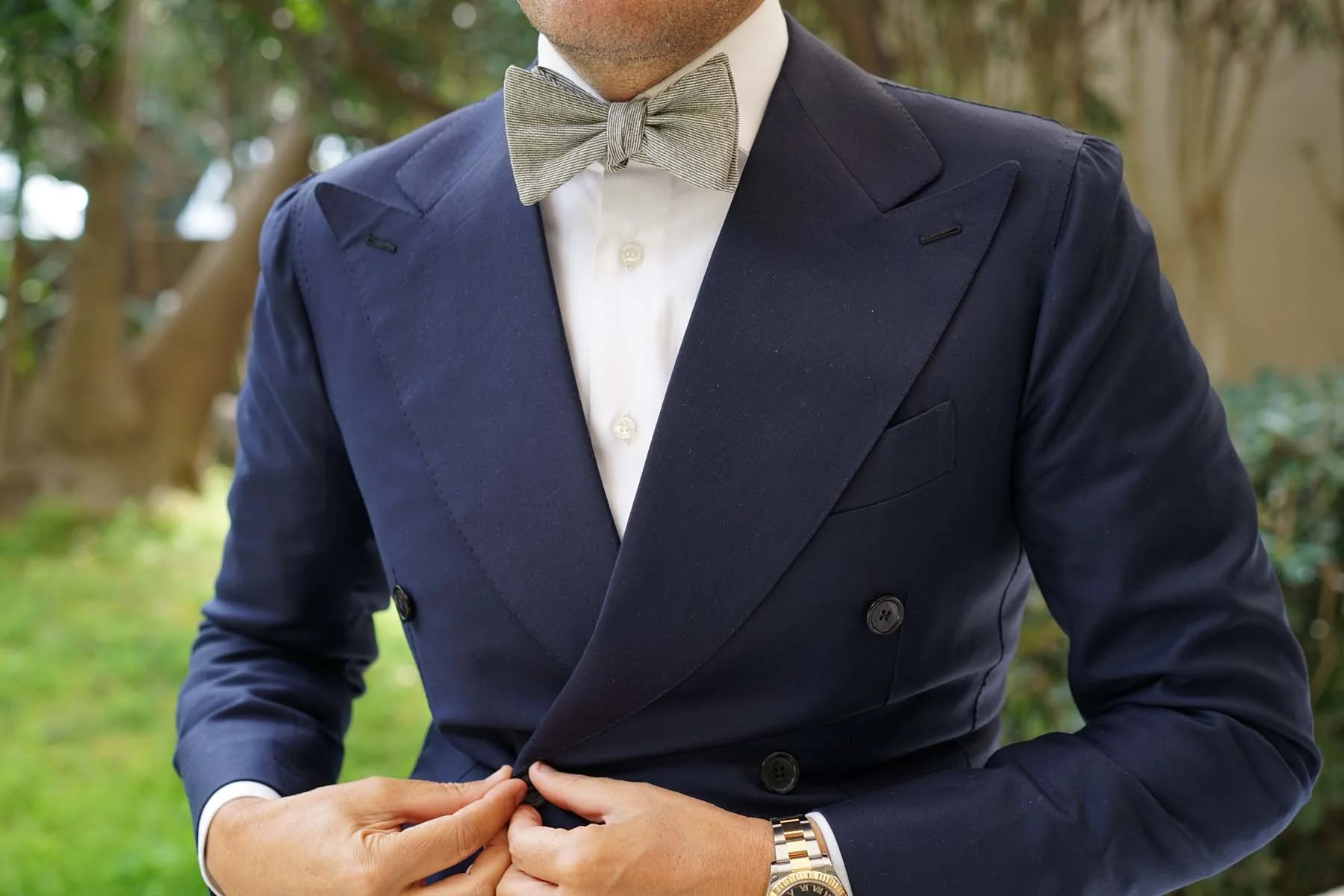 Green & White Twill Stripe Linen Self Tie Bow Tie - Image 5