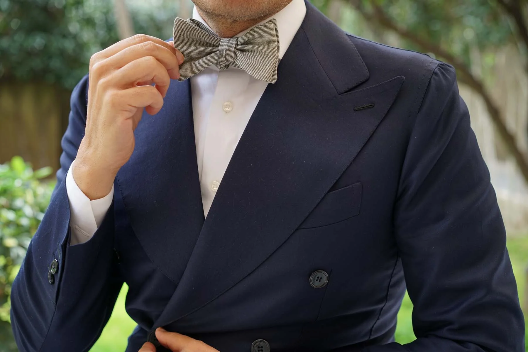 Green & White Twill Stripe Linen Self Tie Bow Tie - Image 7