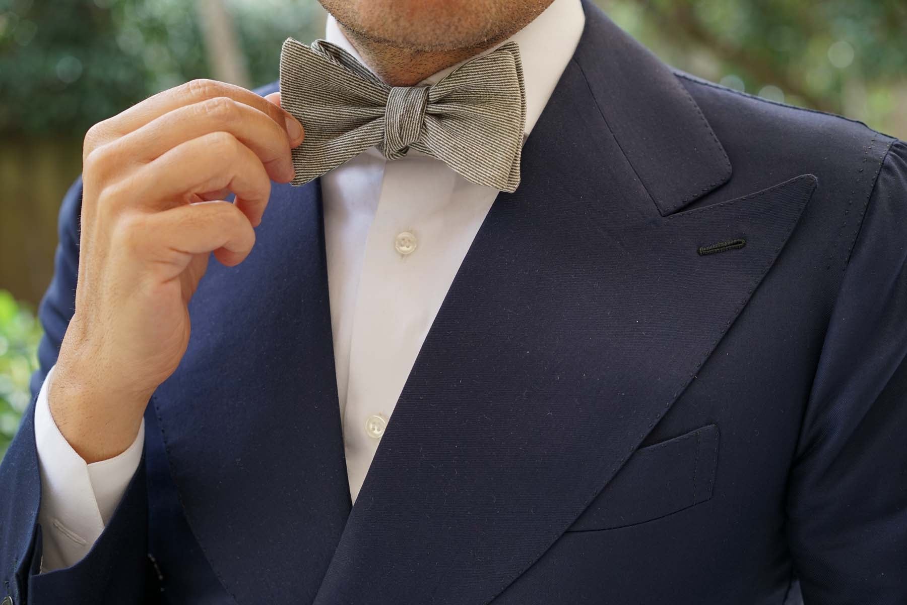 Green & White Twill Stripe Linen Self Tie Bow Tie - Image 8