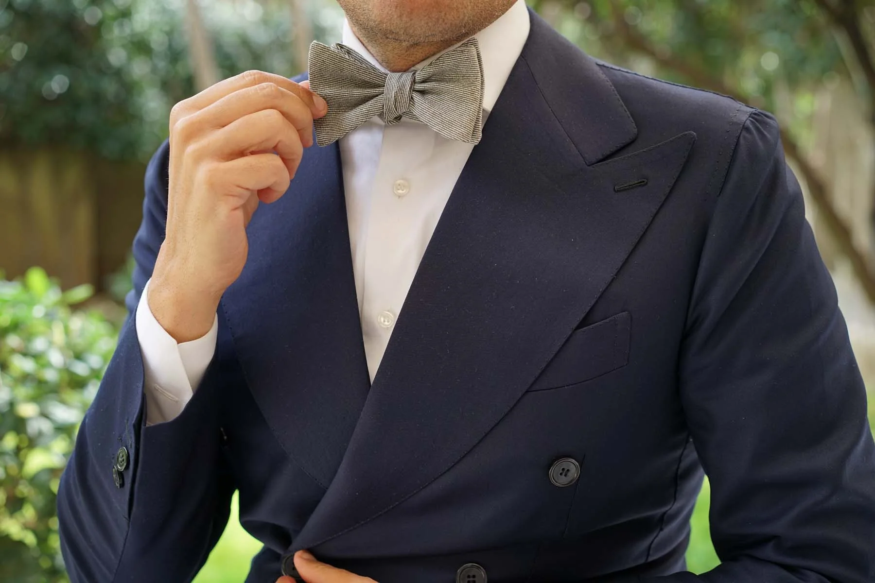 Green & White Twill Stripe Linen Self Tie Bow Tie - Image 9