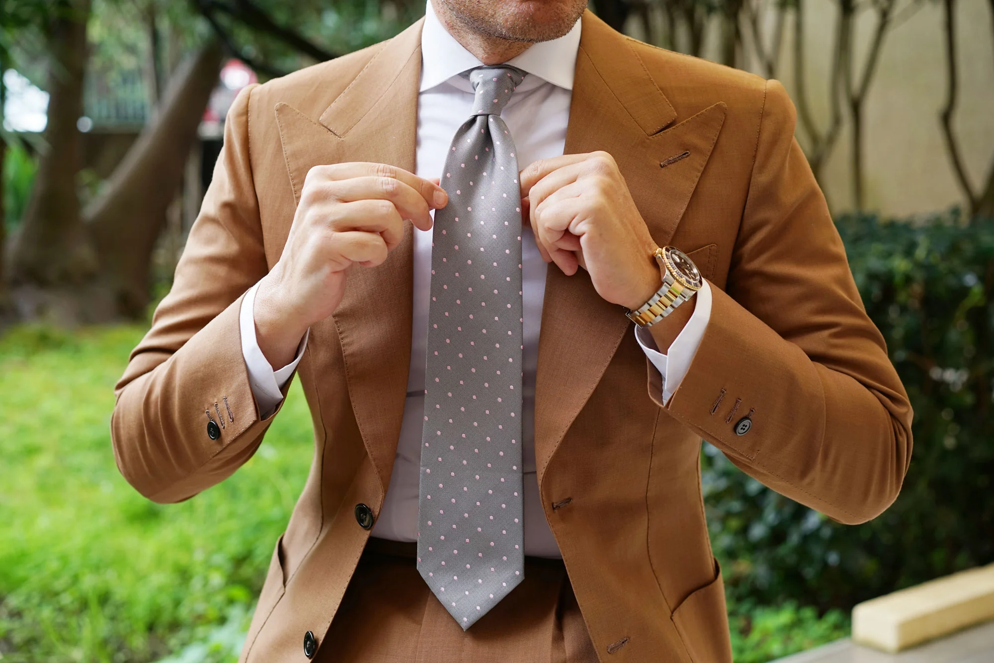 Grey with Baby Pink Polka Dots Necktie - Image 11
