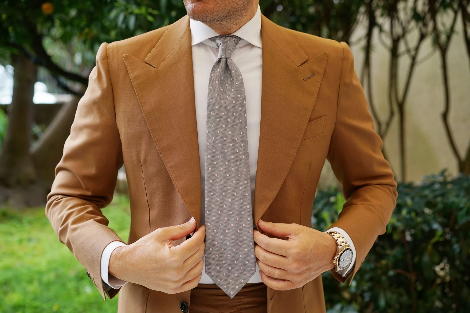 Grey with Baby Pink Polka Dots Necktie - Image 13