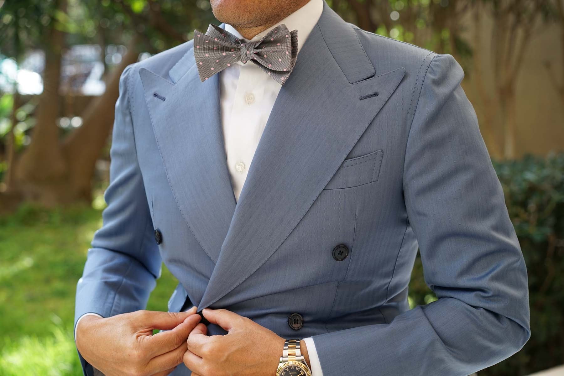 Grey with Baby Pink Polka Dots Self Tie Bow Tie - Image 6