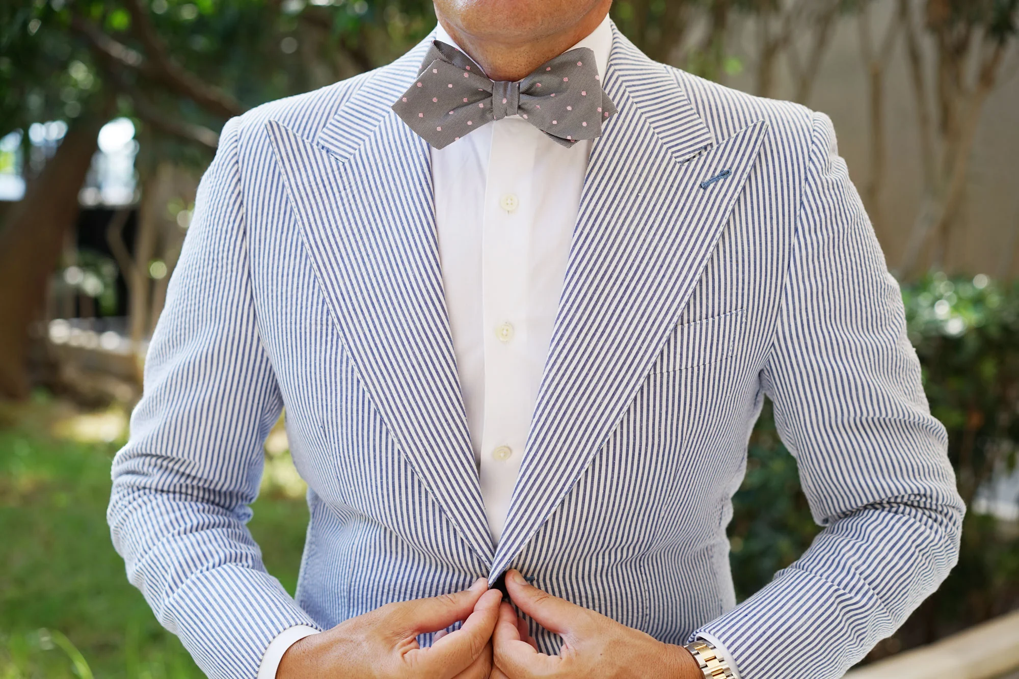 Grey with Baby Pink Polka Dots Self Tie Diamond Tip Bow Tie - Image 9