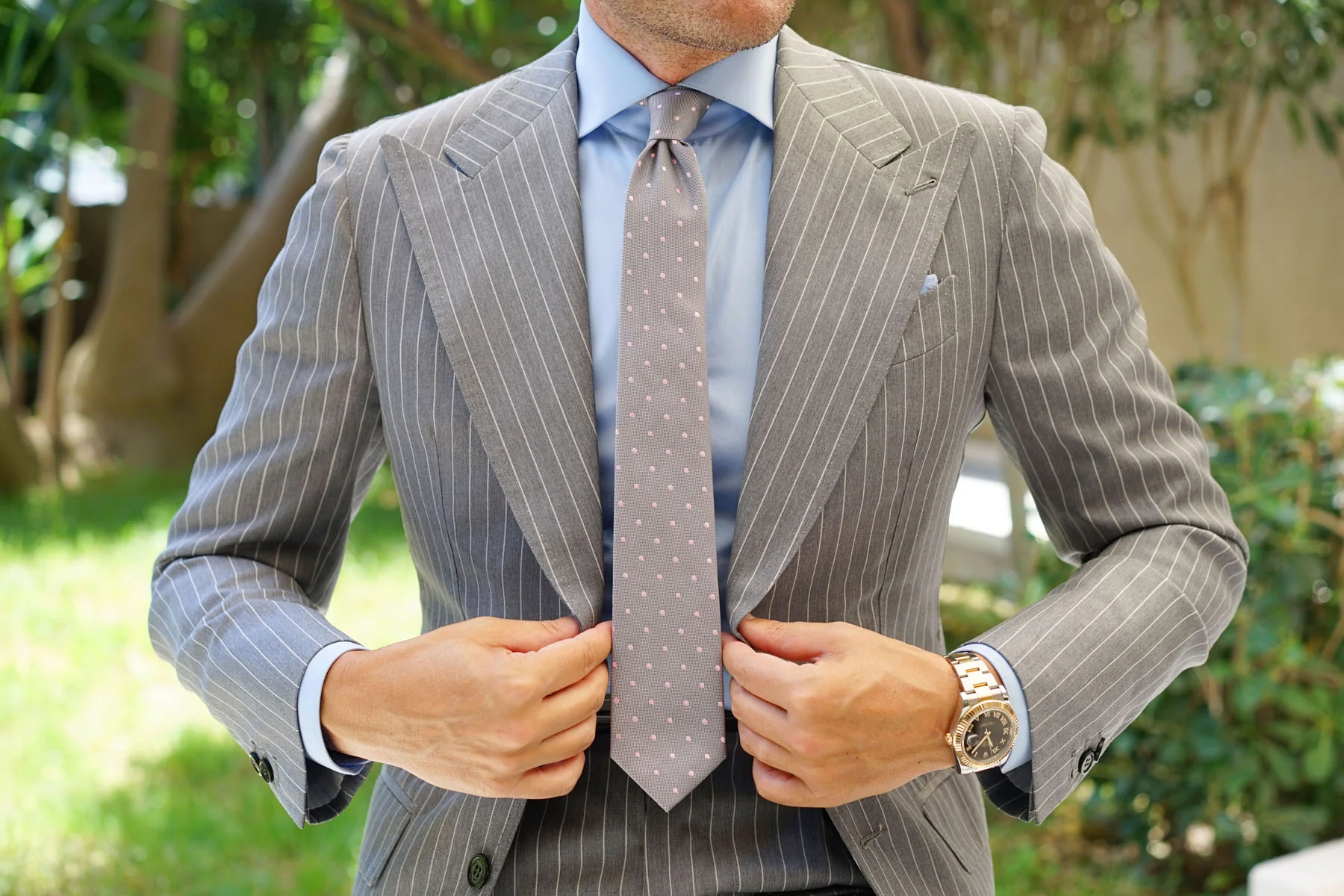 Grey with Baby Pink Polka Dots Skinny Tie - Image 5