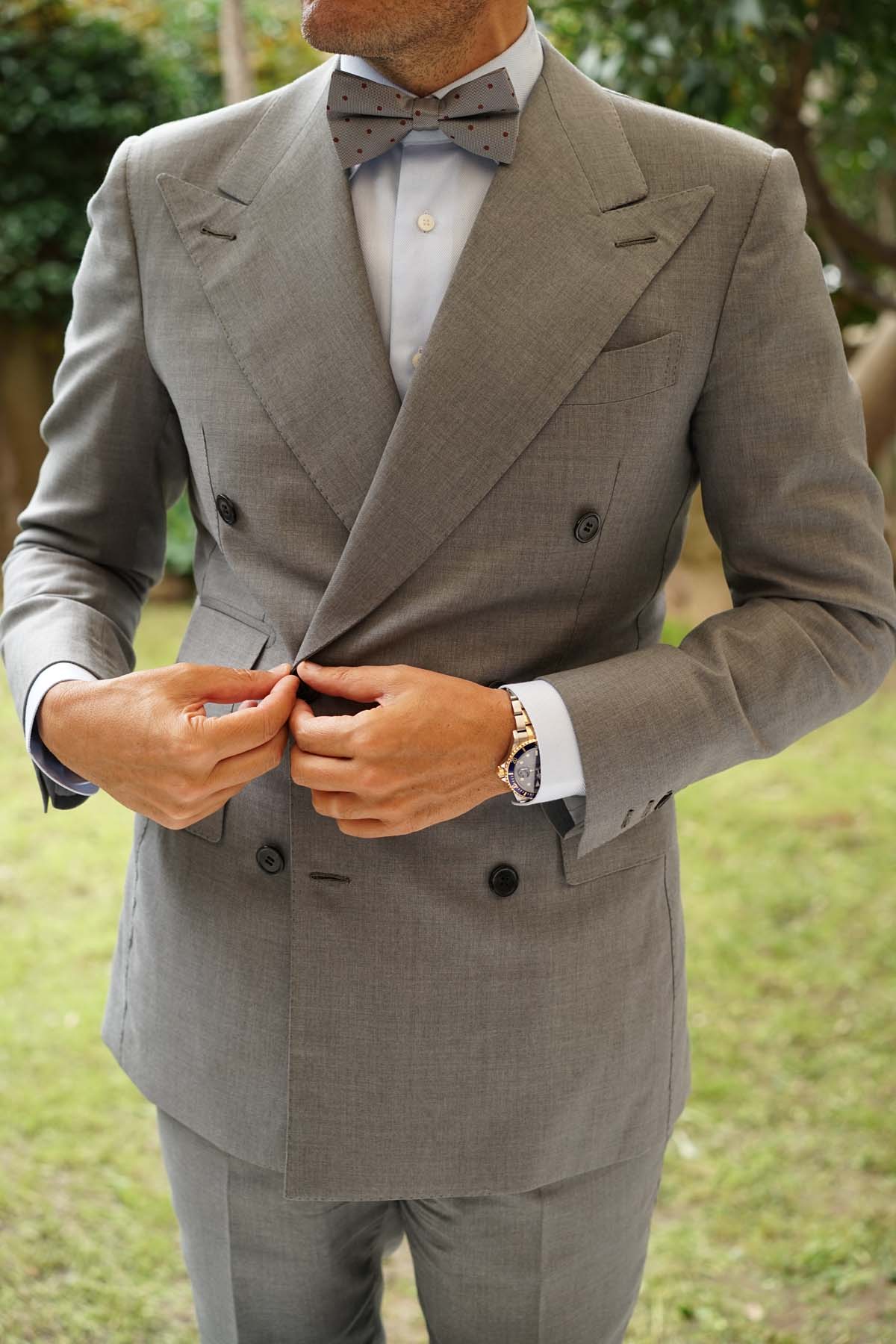 Grey with Brown Polka Dots Bow Tie - Image 8