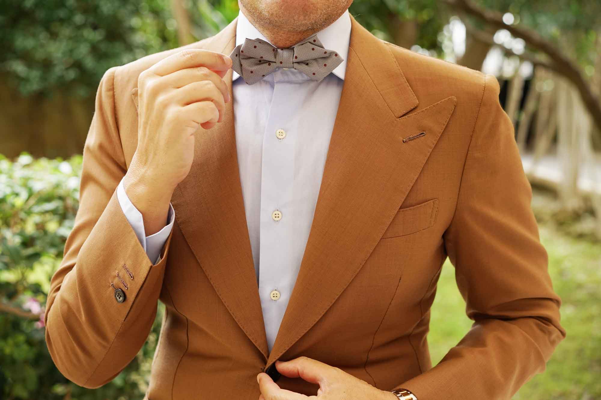 Grey with Brown Polka Dots Diamond Bow Tie - Image 7