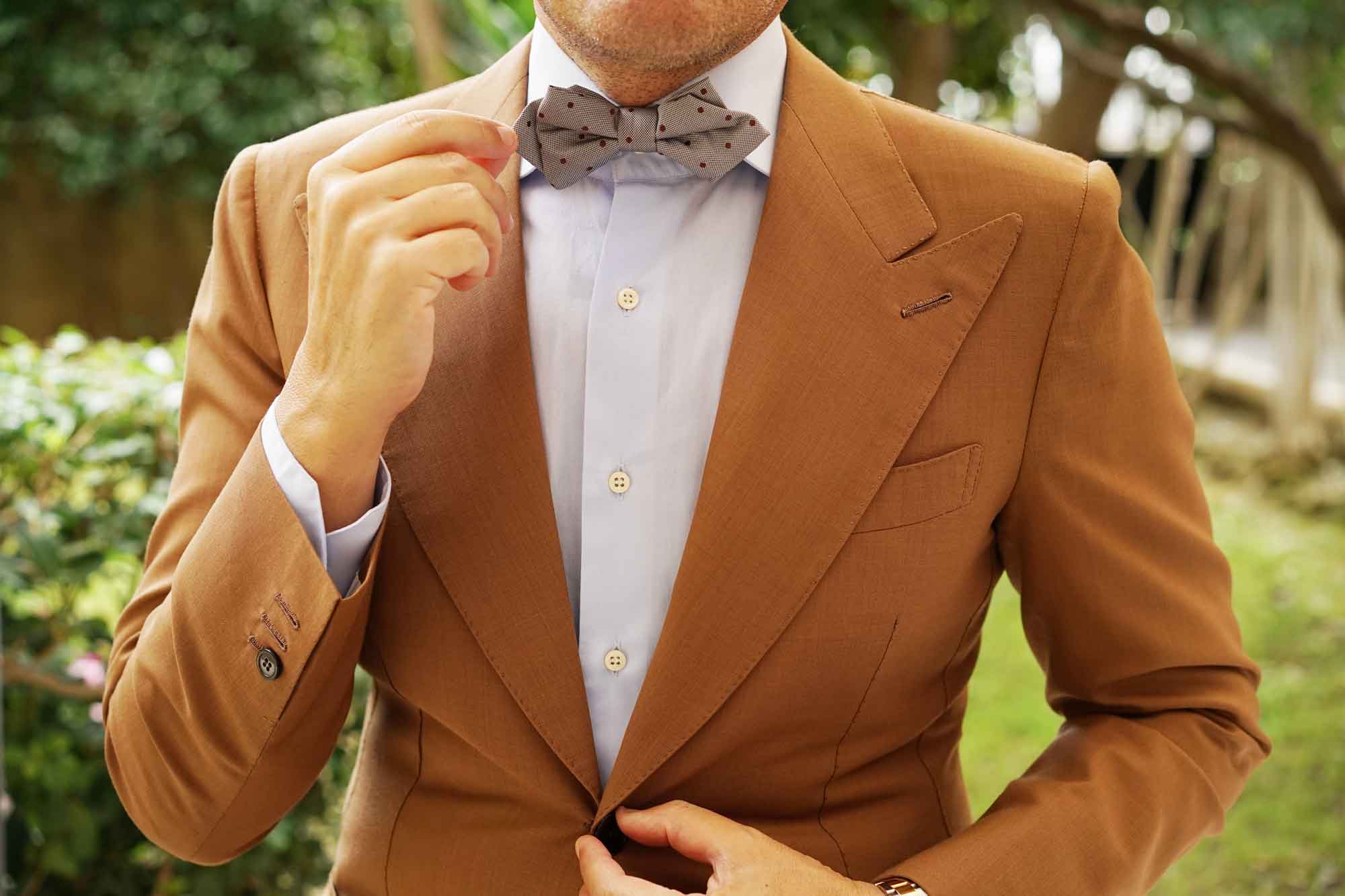 Grey with Brown Polka Dots Diamond Bow Tie - Image 8