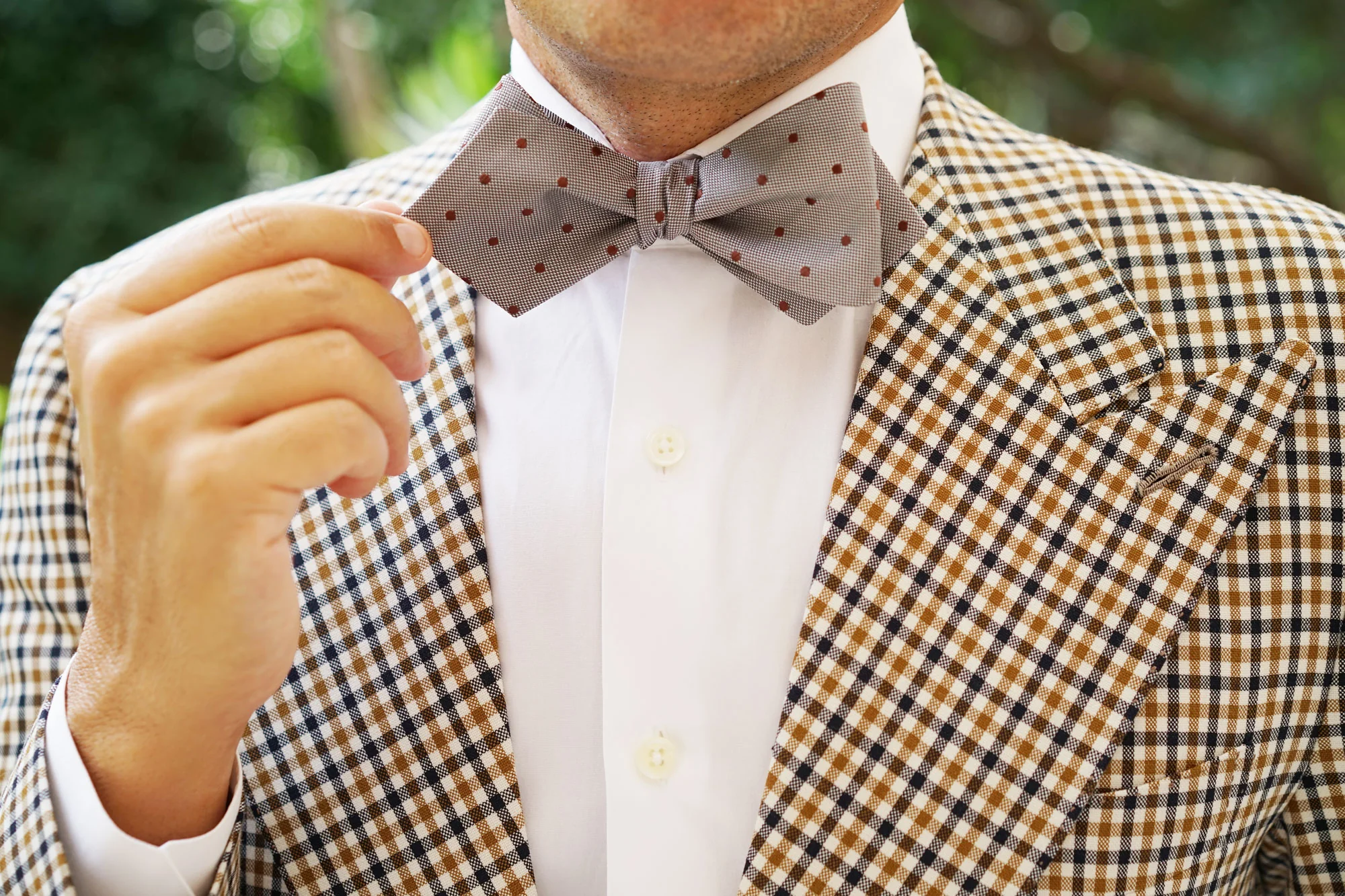 Grey with Brown Polka Dots Self Tie Diamond Tip Bow Tie - Image 10