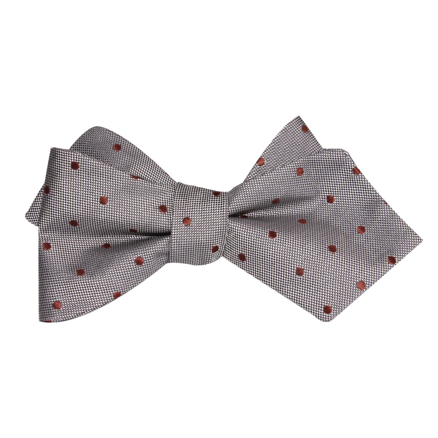 Grey with Brown Polka Dots Self Tie Diamond Tip Bow Tie - Image 3