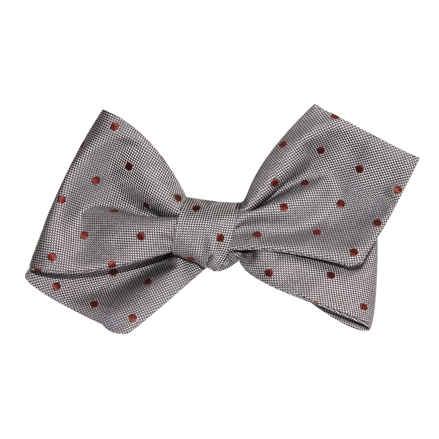 Grey with Brown Polka Dots Self Tie Diamond Tip Bow Tie - Image 4