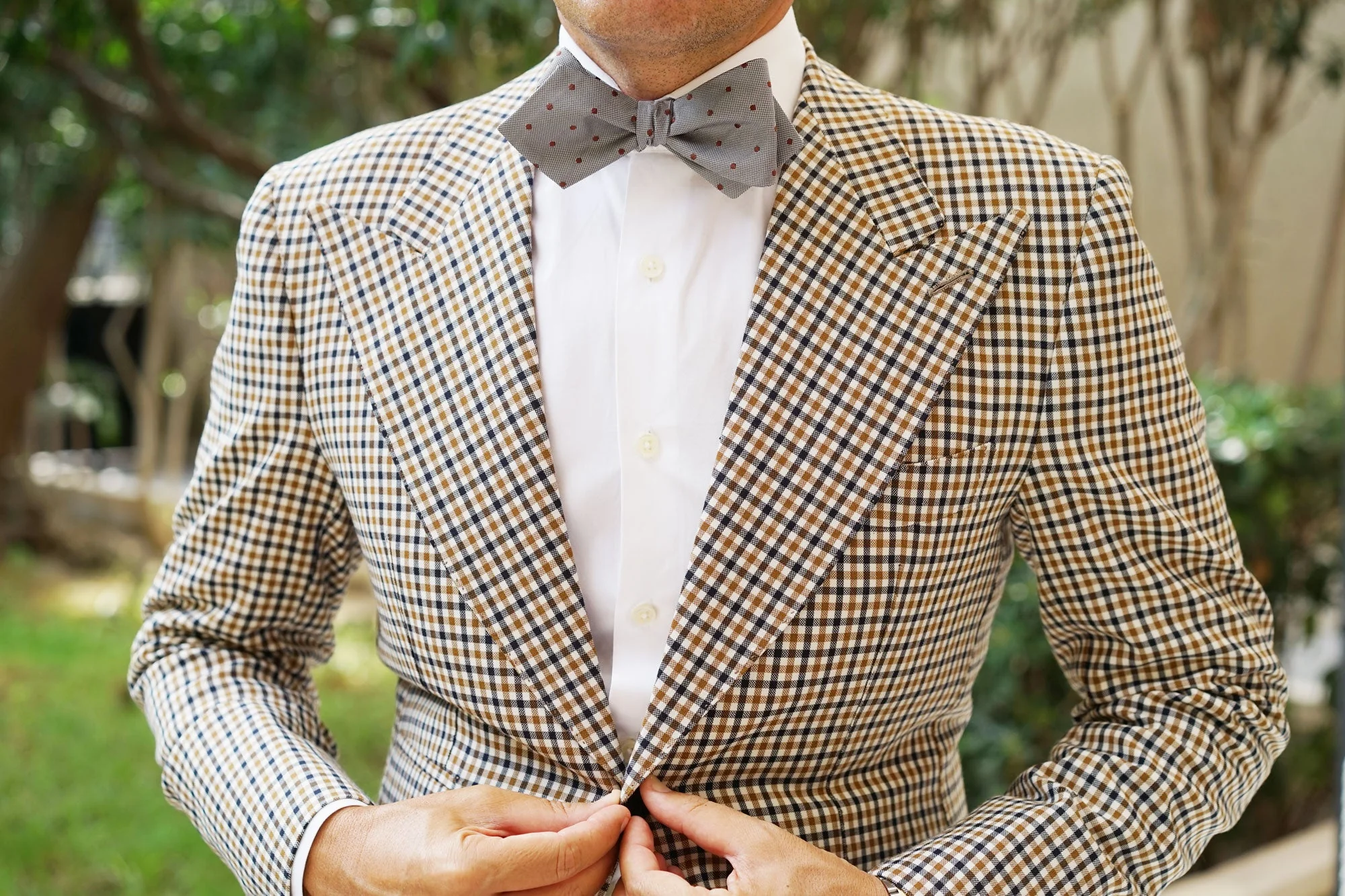 Grey with Brown Polka Dots Self Tie Diamond Tip Bow Tie - Image 6
