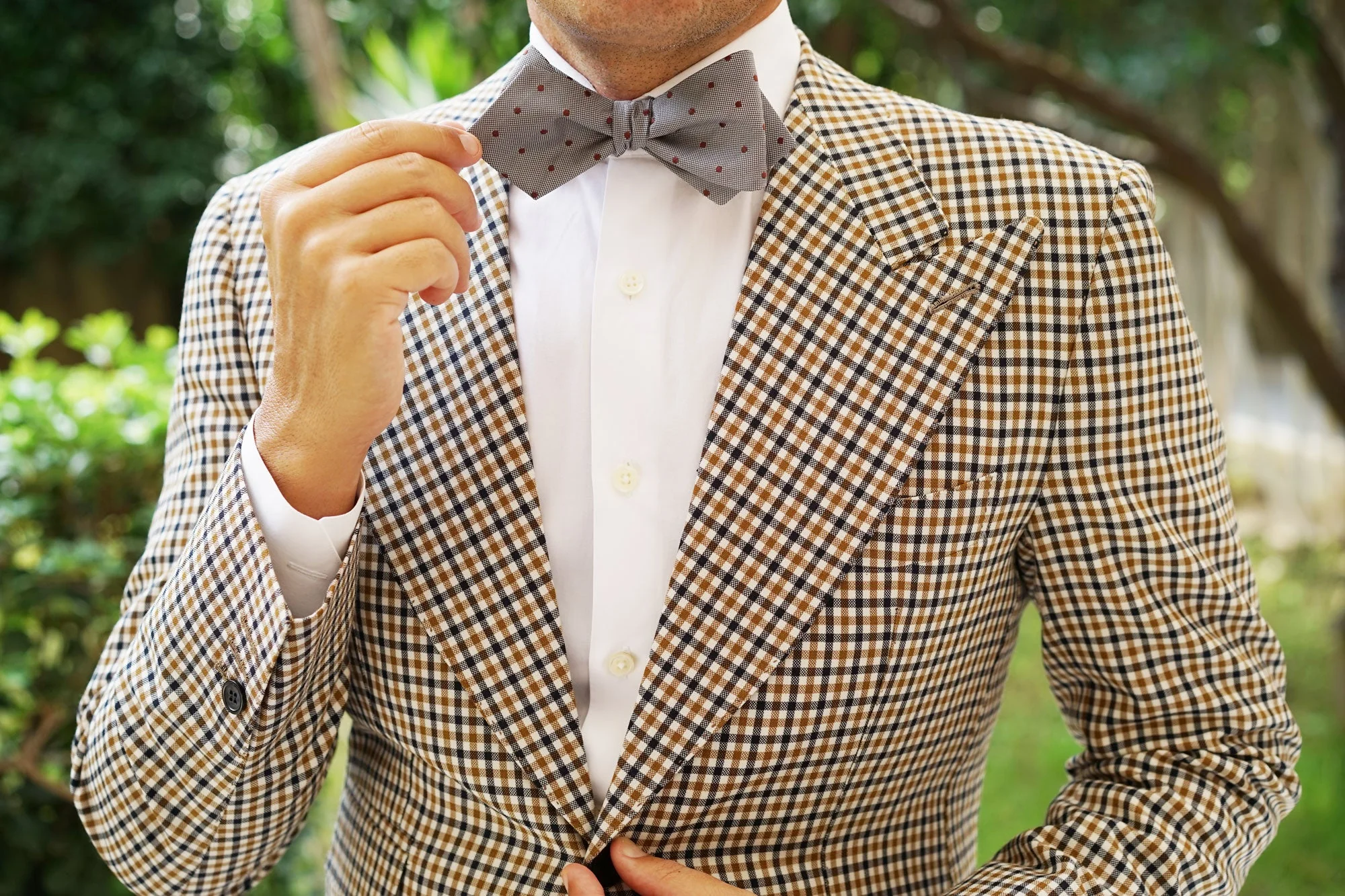 Grey with Brown Polka Dots Self Tie Diamond Tip Bow Tie - Image 8