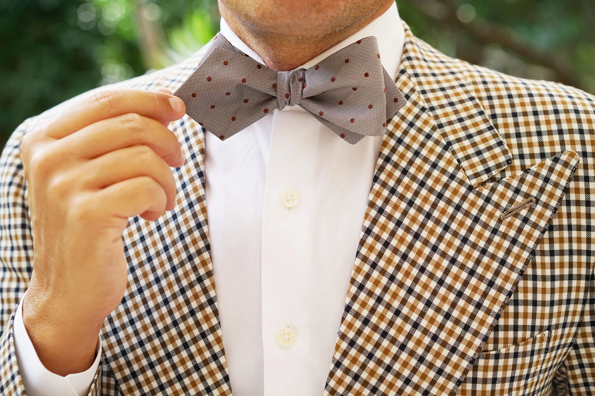 Grey with Brown Polka Dots Self Tie Diamond Tip Bow Tie - Image 9
