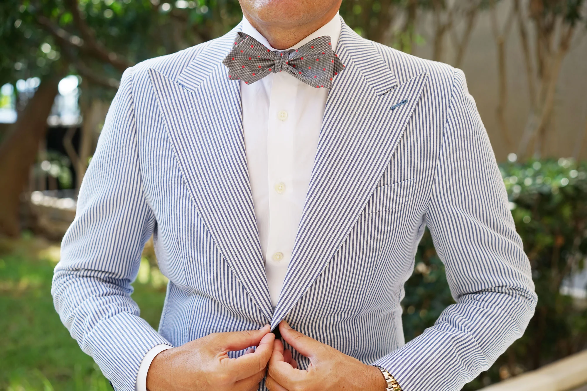 Grey with Hot Pink Polka Dots Self Tie Diamond Tip Bow Tie - Image 9