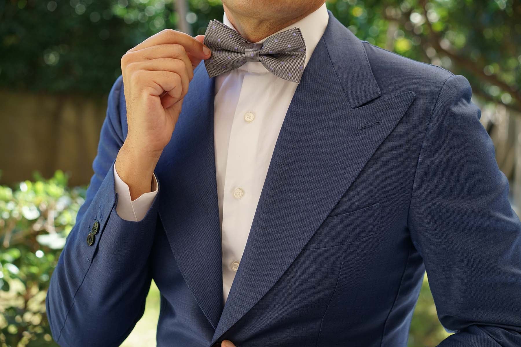 Grey with Lavender Purple Polka Dots Bow Tie - Image 3