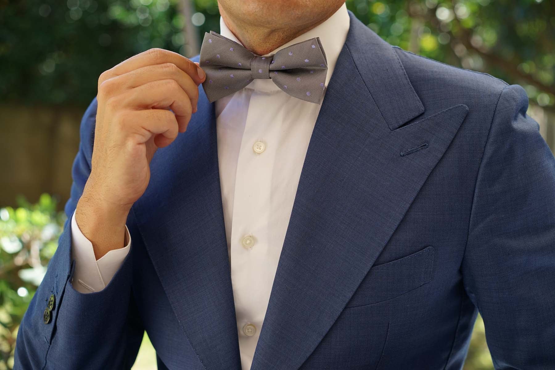 Grey with Lavender Purple Polka Dots Bow Tie - Image 5