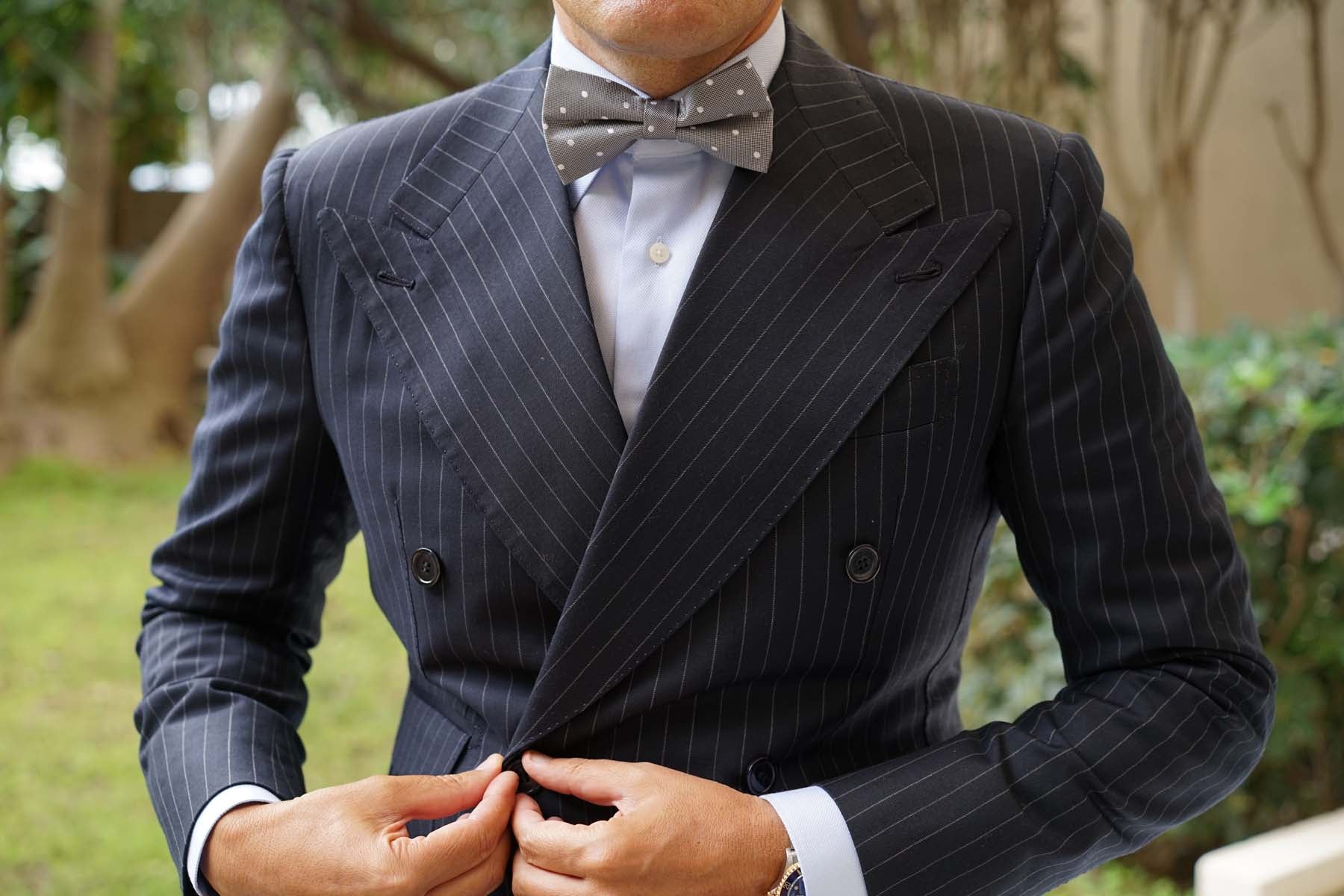 Grey with Milky White Polka Dots Bow Tie - Image 6