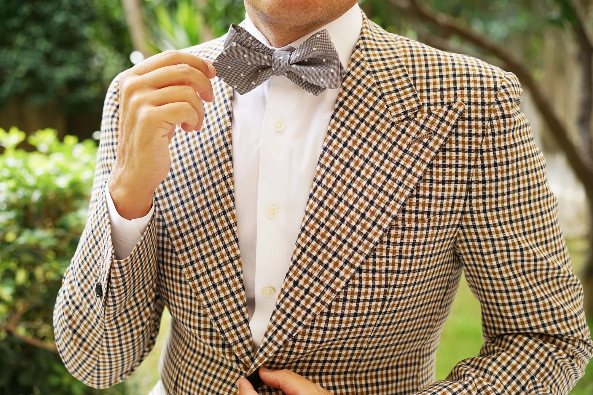 Grey with Milky White Polka Dots Self Tie Diamond Tip Bow Tie - Image 10