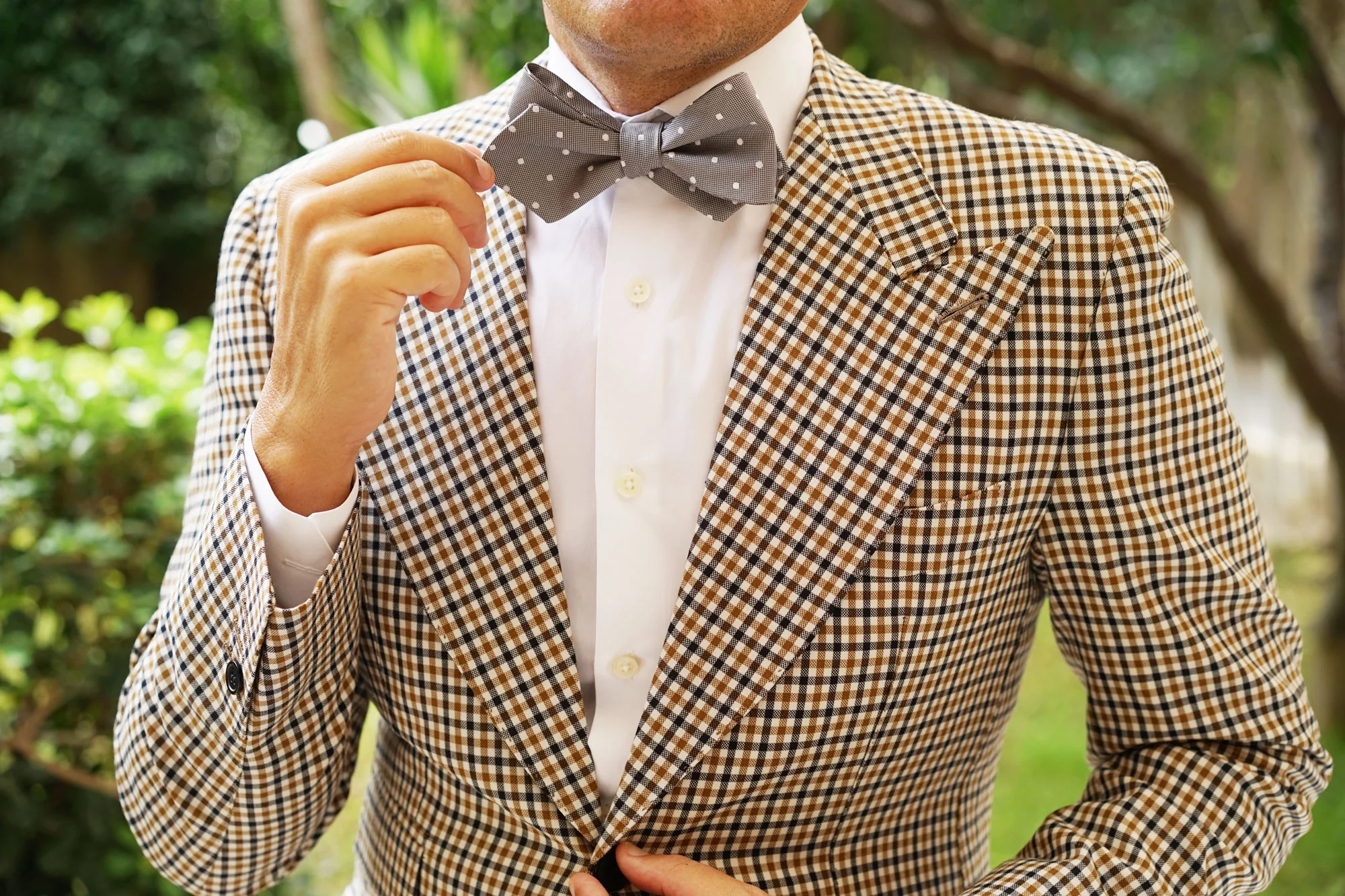 Grey with Milky White Polka Dots Self Tie Diamond Tip Bow Tie - Image 11