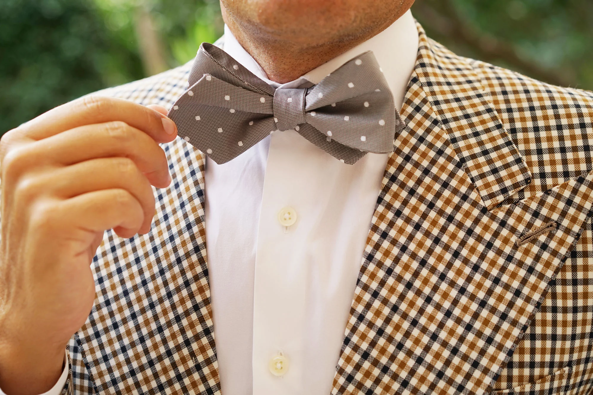Grey with Milky White Polka Dots Self Tie Diamond Tip Bow Tie - Image 12