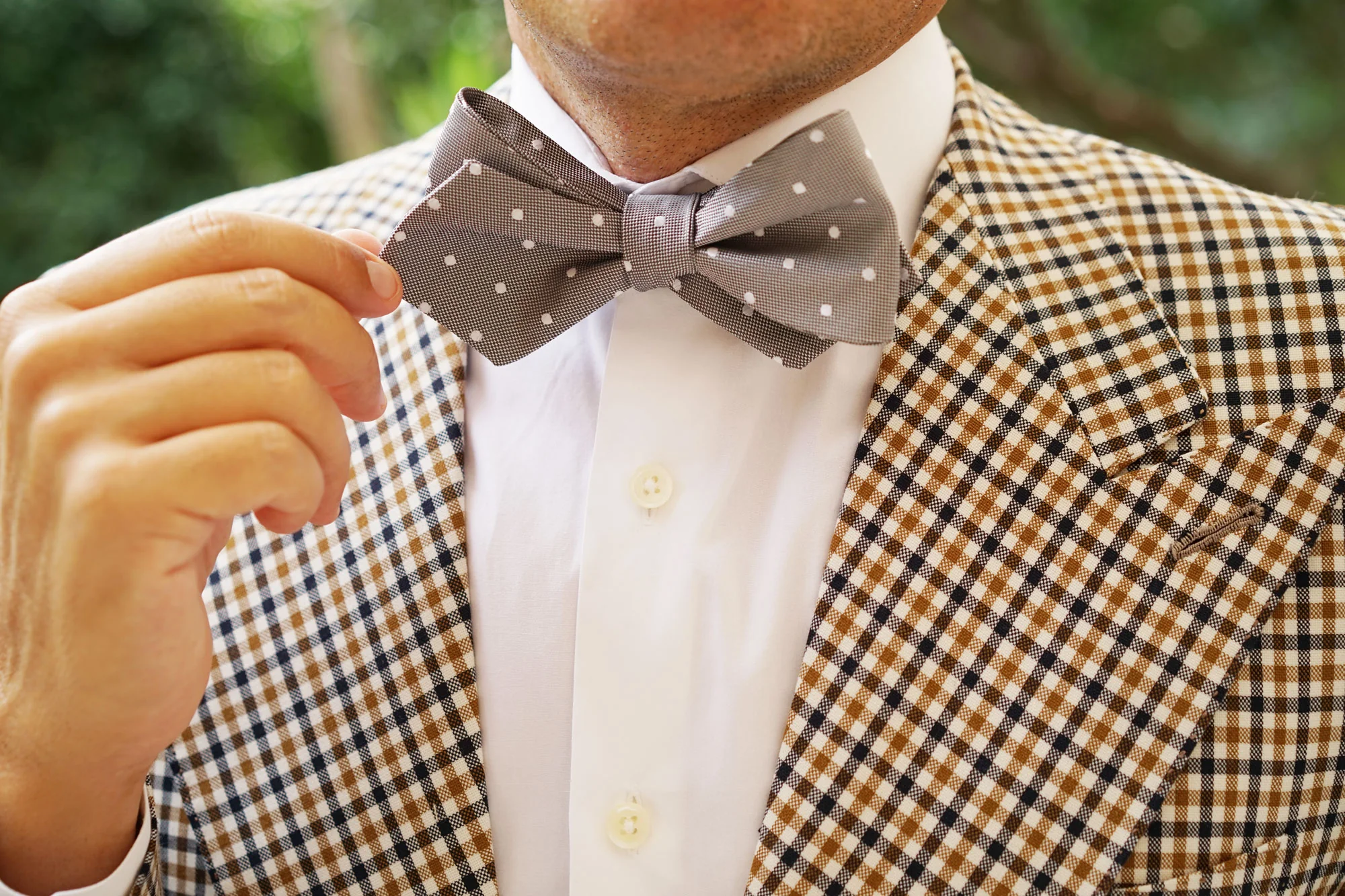 Grey with Milky White Polka Dots Self Tie Diamond Tip Bow Tie - Image 13