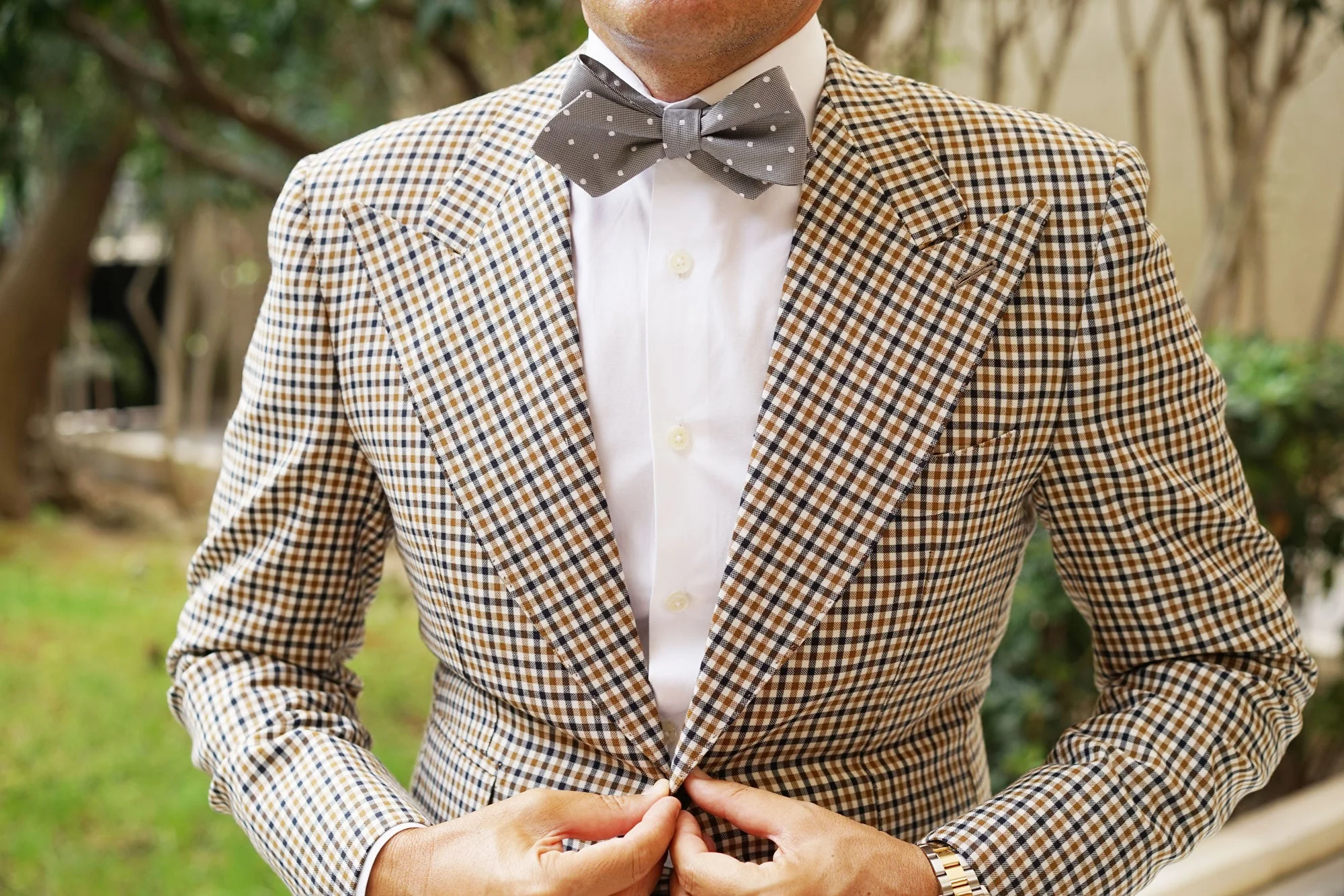 Grey with Milky White Polka Dots Self Tie Diamond Tip Bow Tie - Image 9
