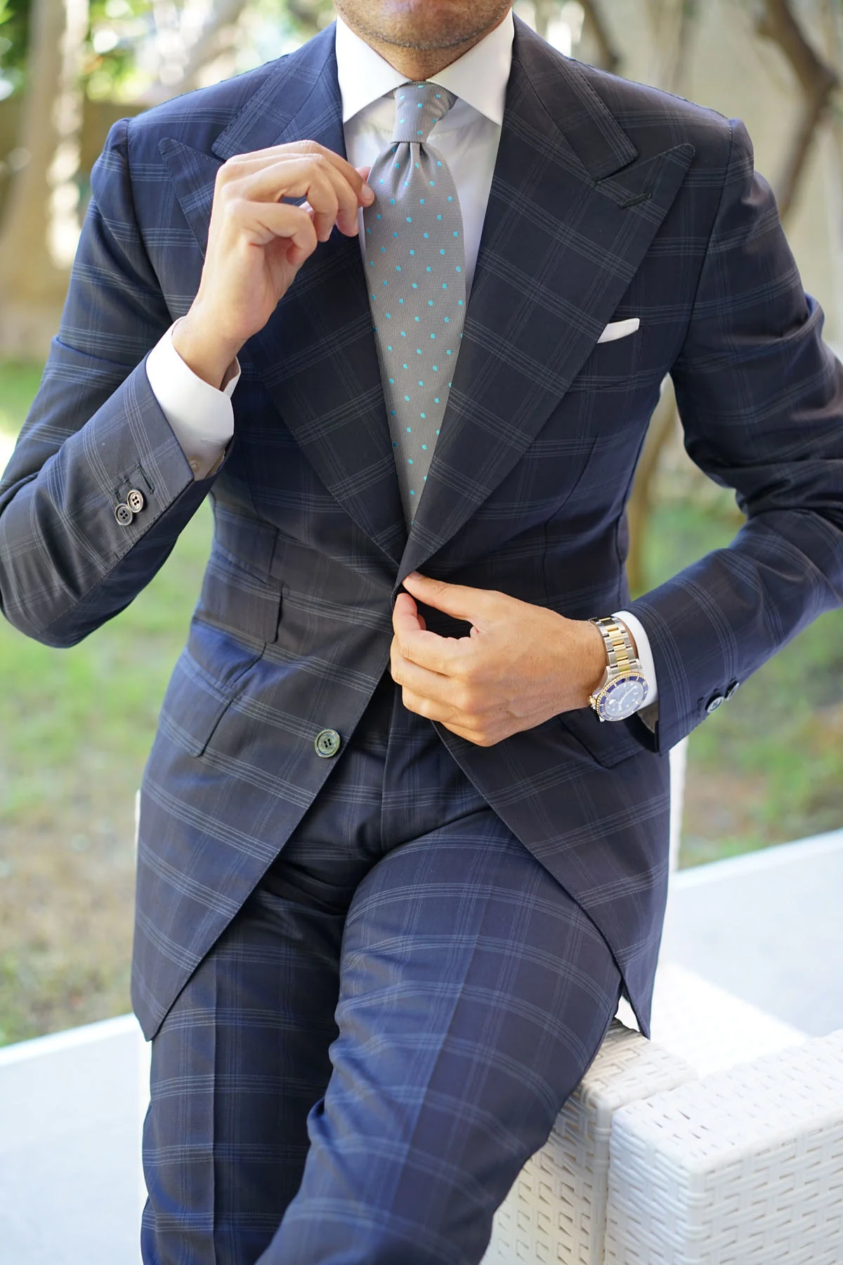 Grey with Mint Blue Polka Dots Necktie - Image 15