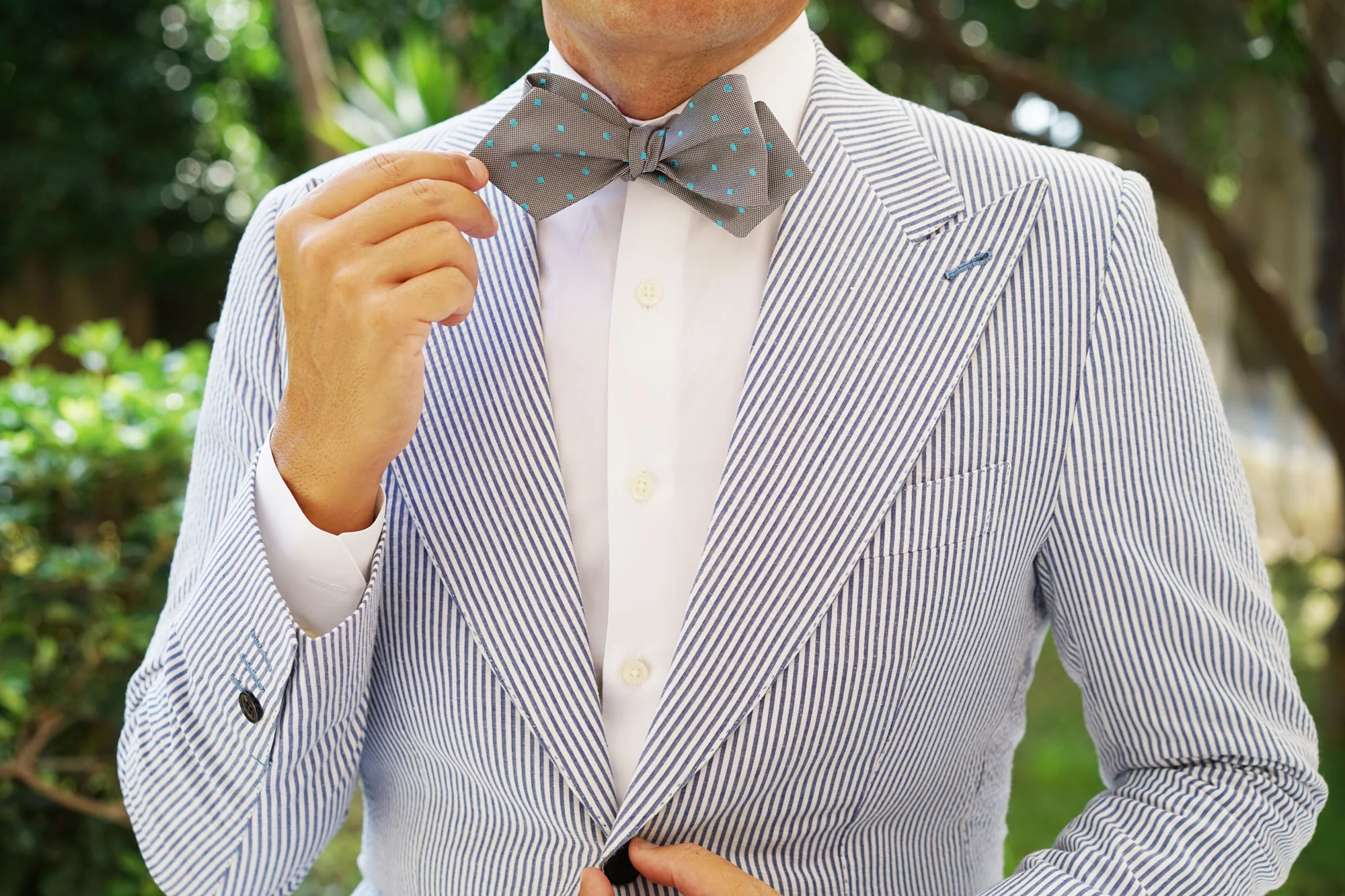 Grey with Mint Blue Polka Dots Self Tie Diamond Tip Bow Tie - Image 10