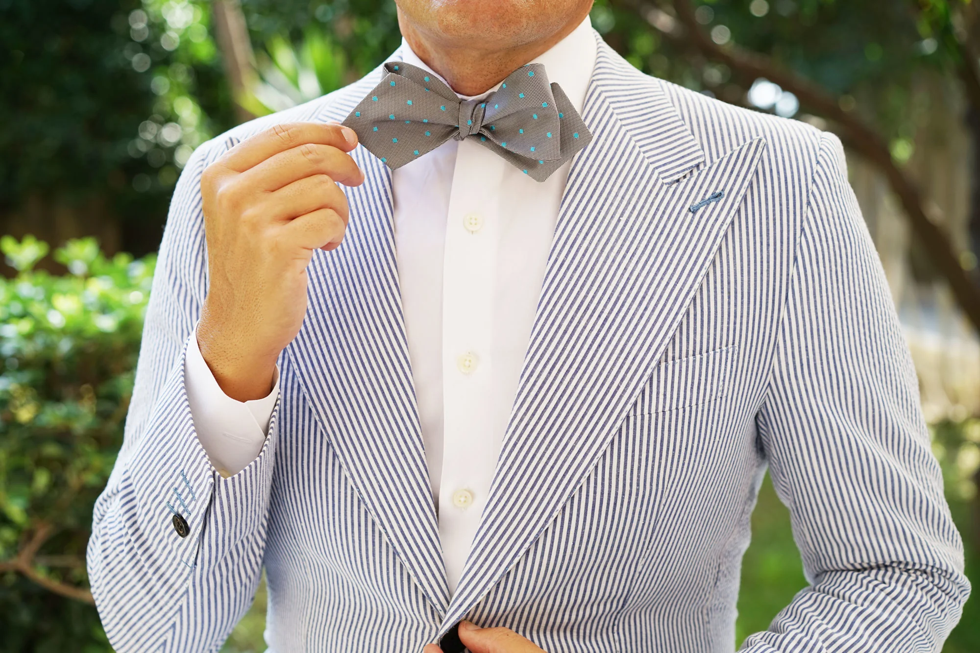 Grey with Mint Blue Polka Dots Self Tie Diamond Tip Bow Tie - Image 11
