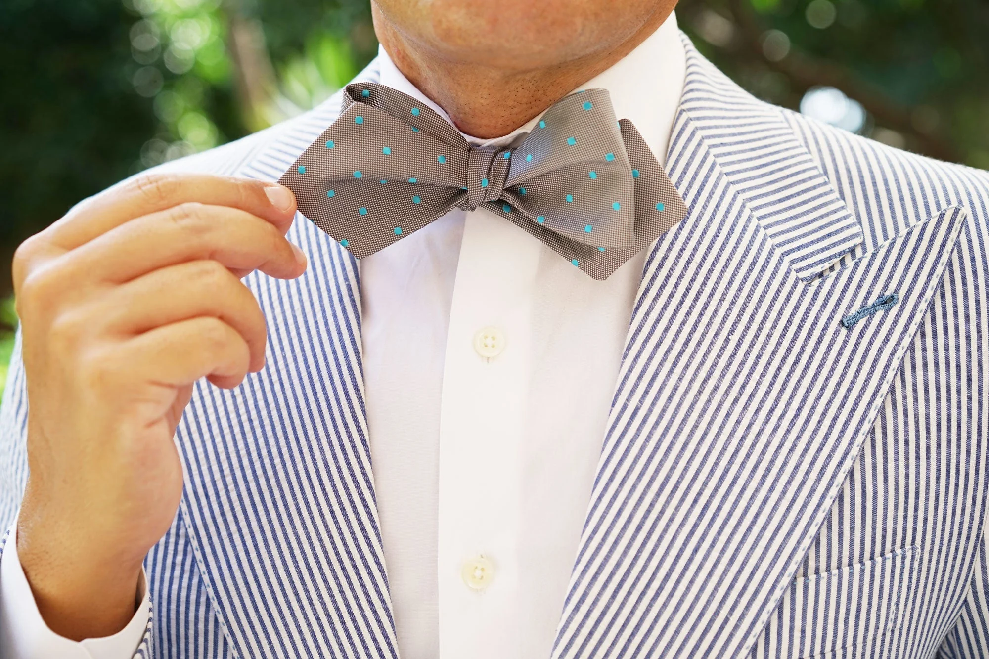 Grey with Mint Blue Polka Dots Self Tie Diamond Tip Bow Tie - Image 12