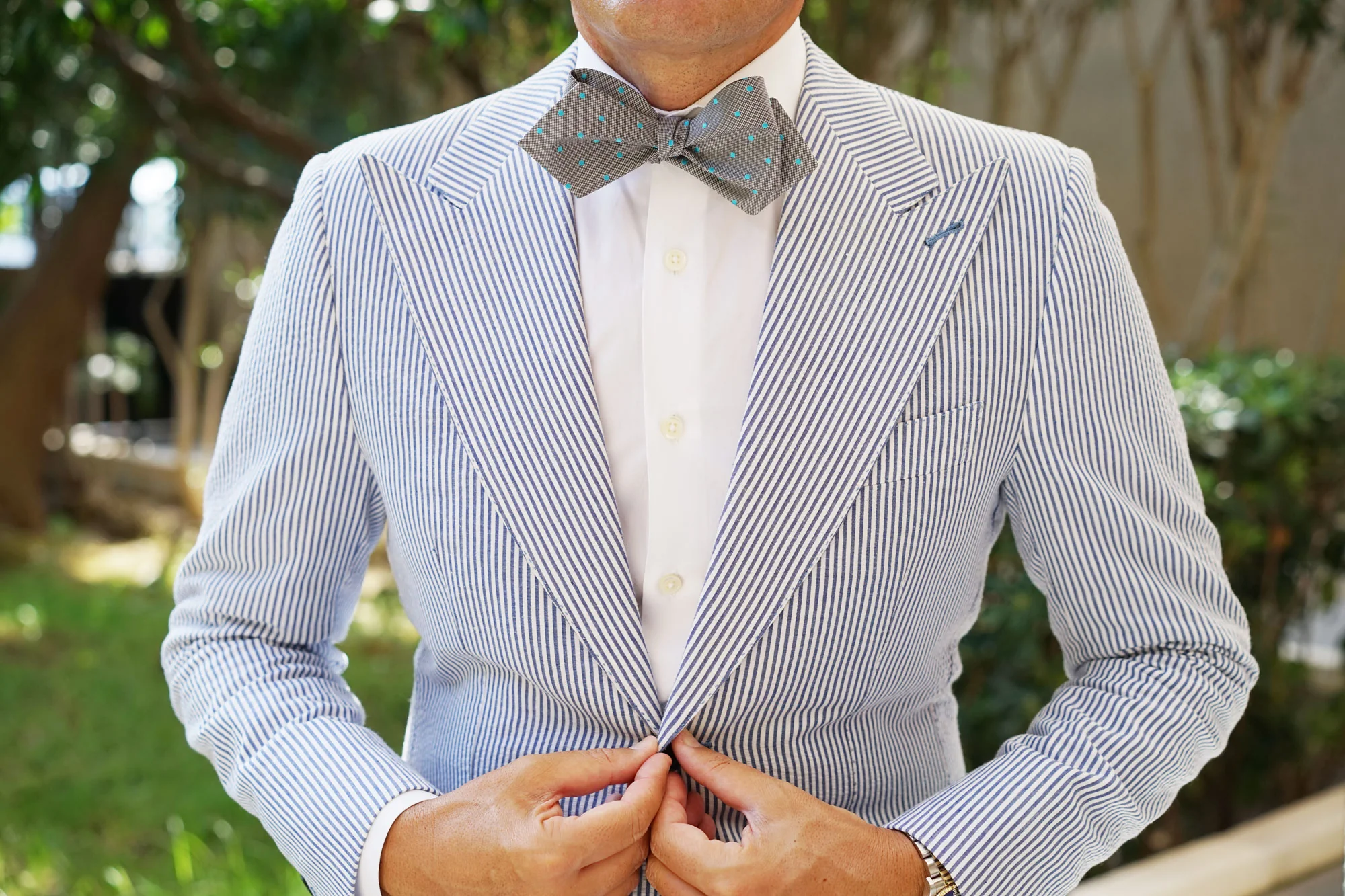 Grey with Mint Blue Polka Dots Self Tie Diamond Tip Bow Tie - Image 6