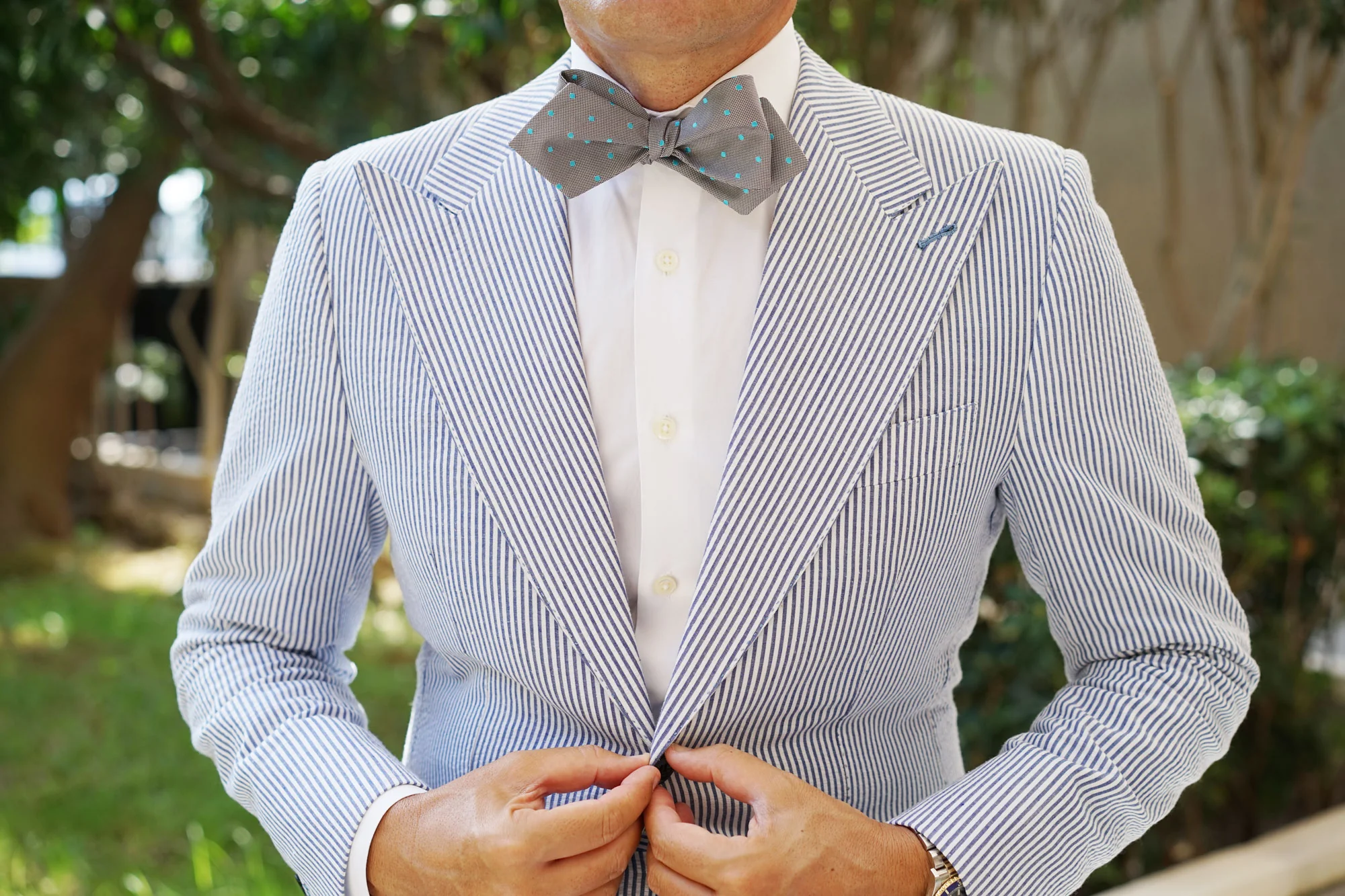 Grey with Mint Blue Polka Dots Self Tie Diamond Tip Bow Tie - Image 9