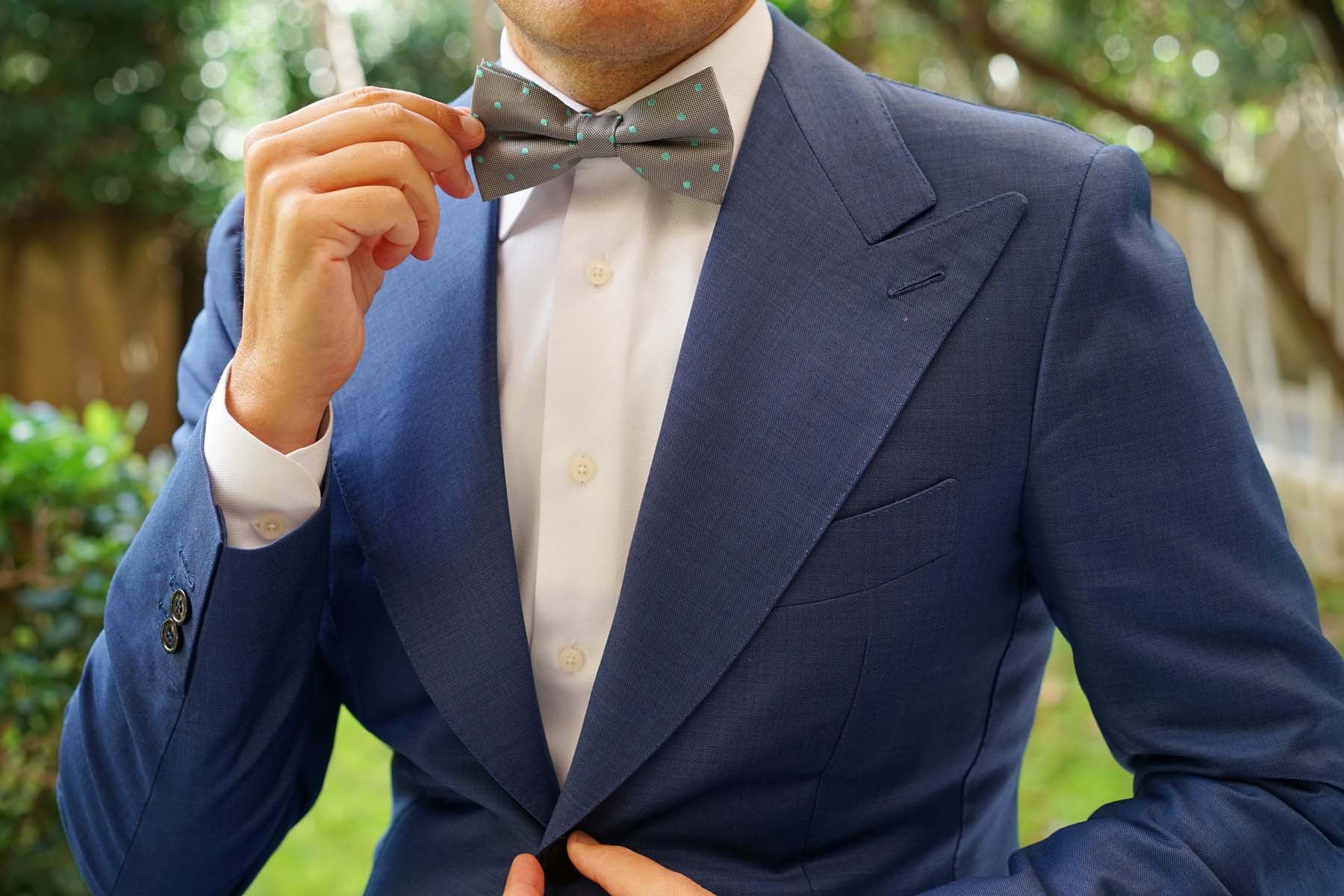 Grey with Mint Green Polka Dots Bow Tie - Image 8