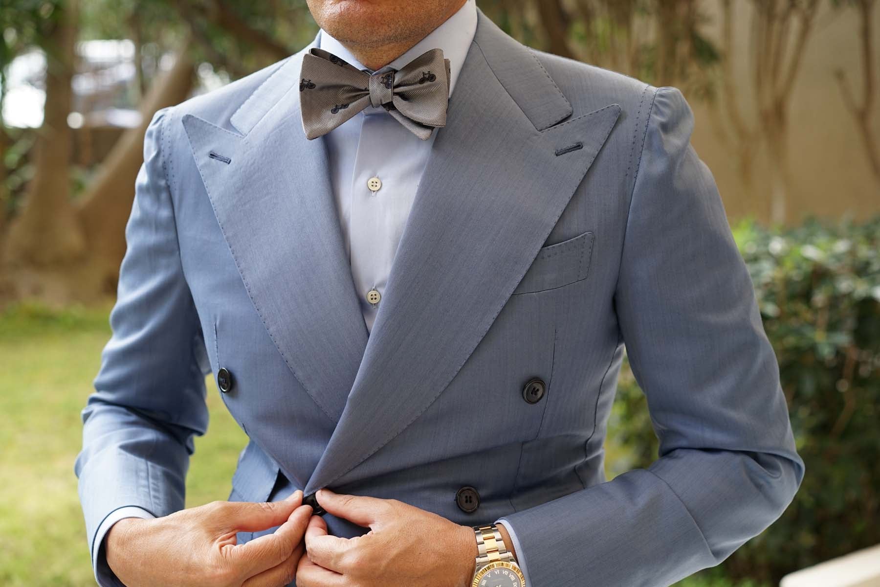 Grey with Navy Blue French Bicycle Self Tie Bow Tie - Image 6