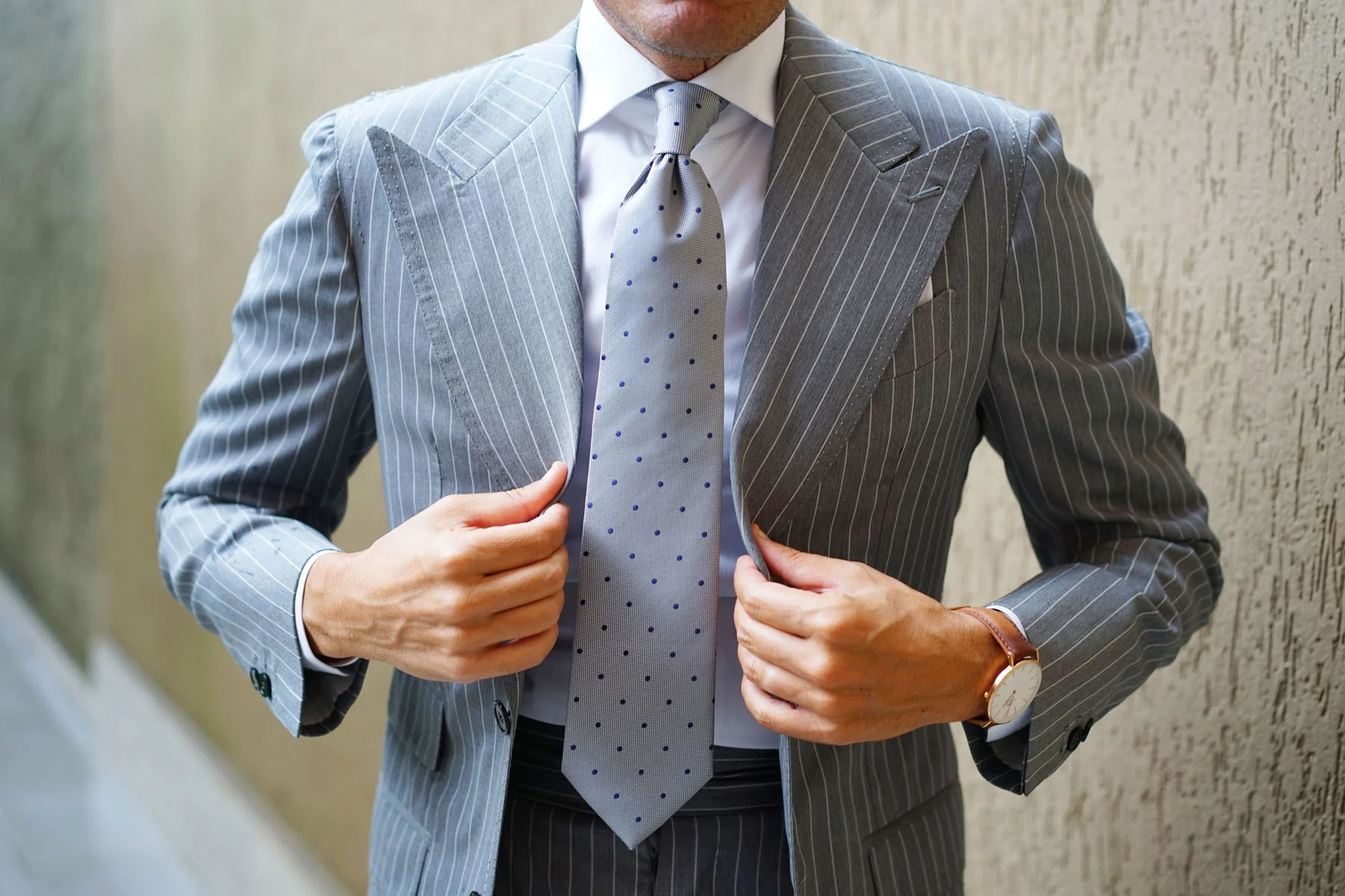 Grey with Navy Blue Polka Dots Tie - Image 11