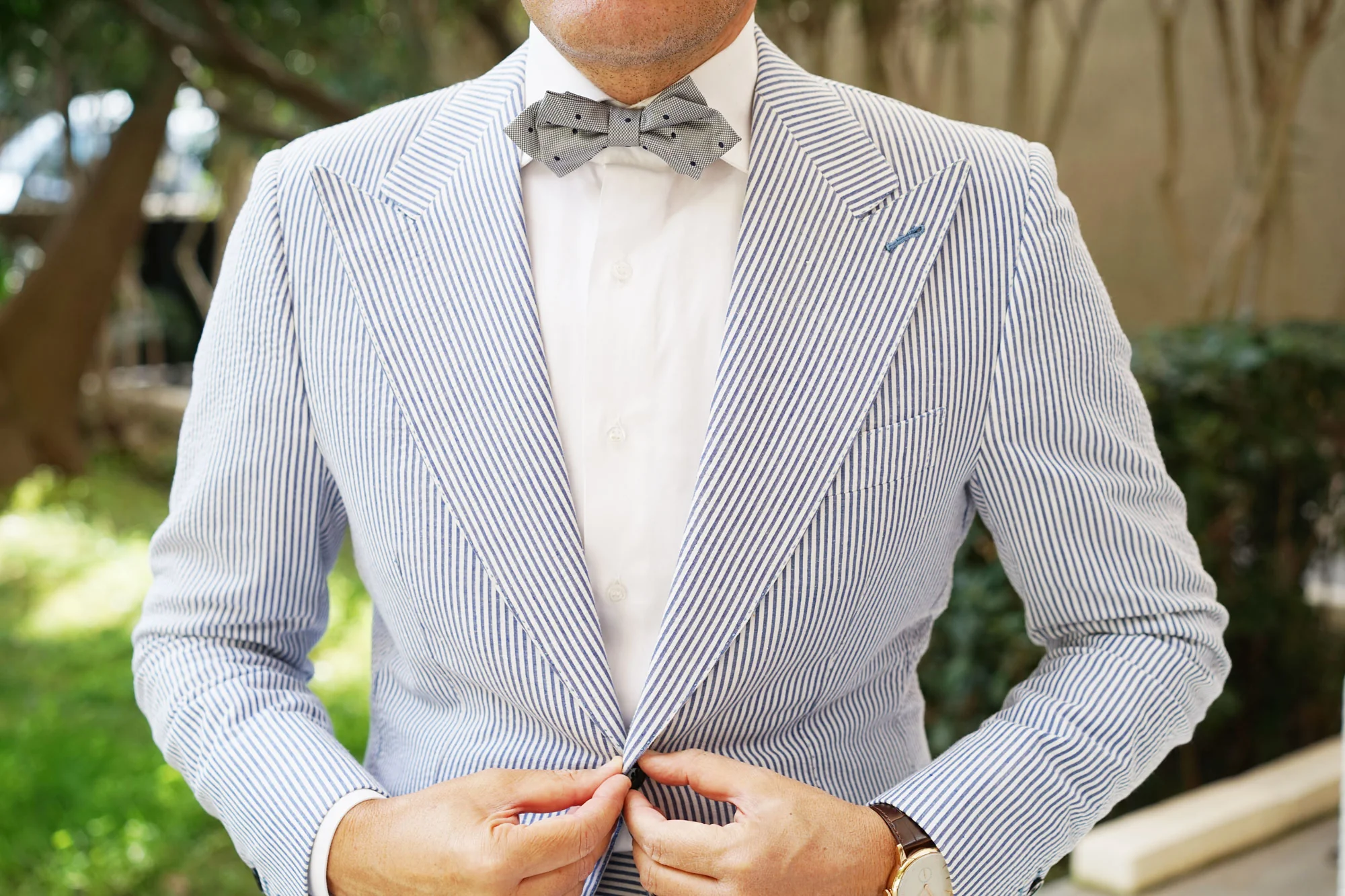Grey with Navy Blue Polkadots Textured Diamond Bow Tie - Image 3