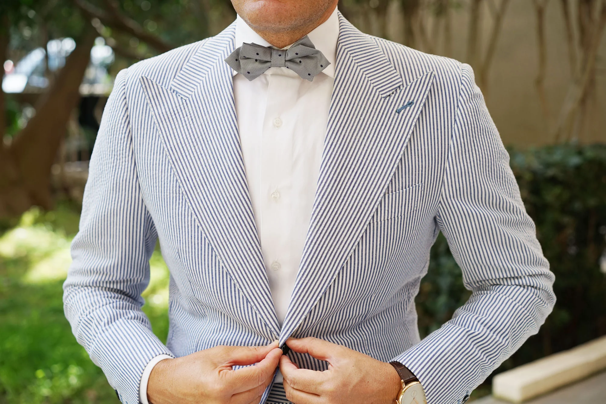 Grey with Navy Blue Polkadots Textured Diamond Bow Tie - Image 5