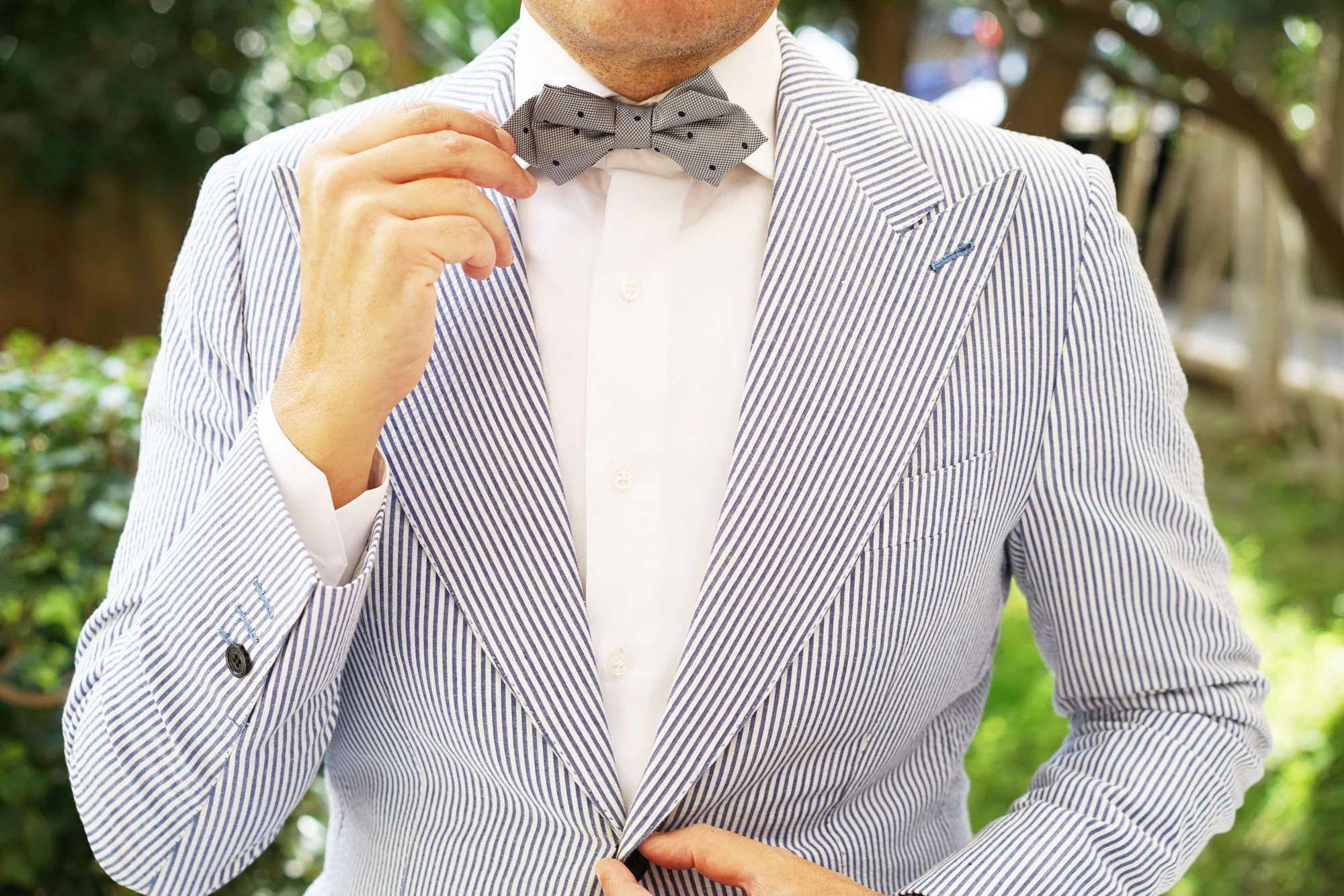 Grey with Navy Blue Polkadots Textured Diamond Bow Tie - Image 6