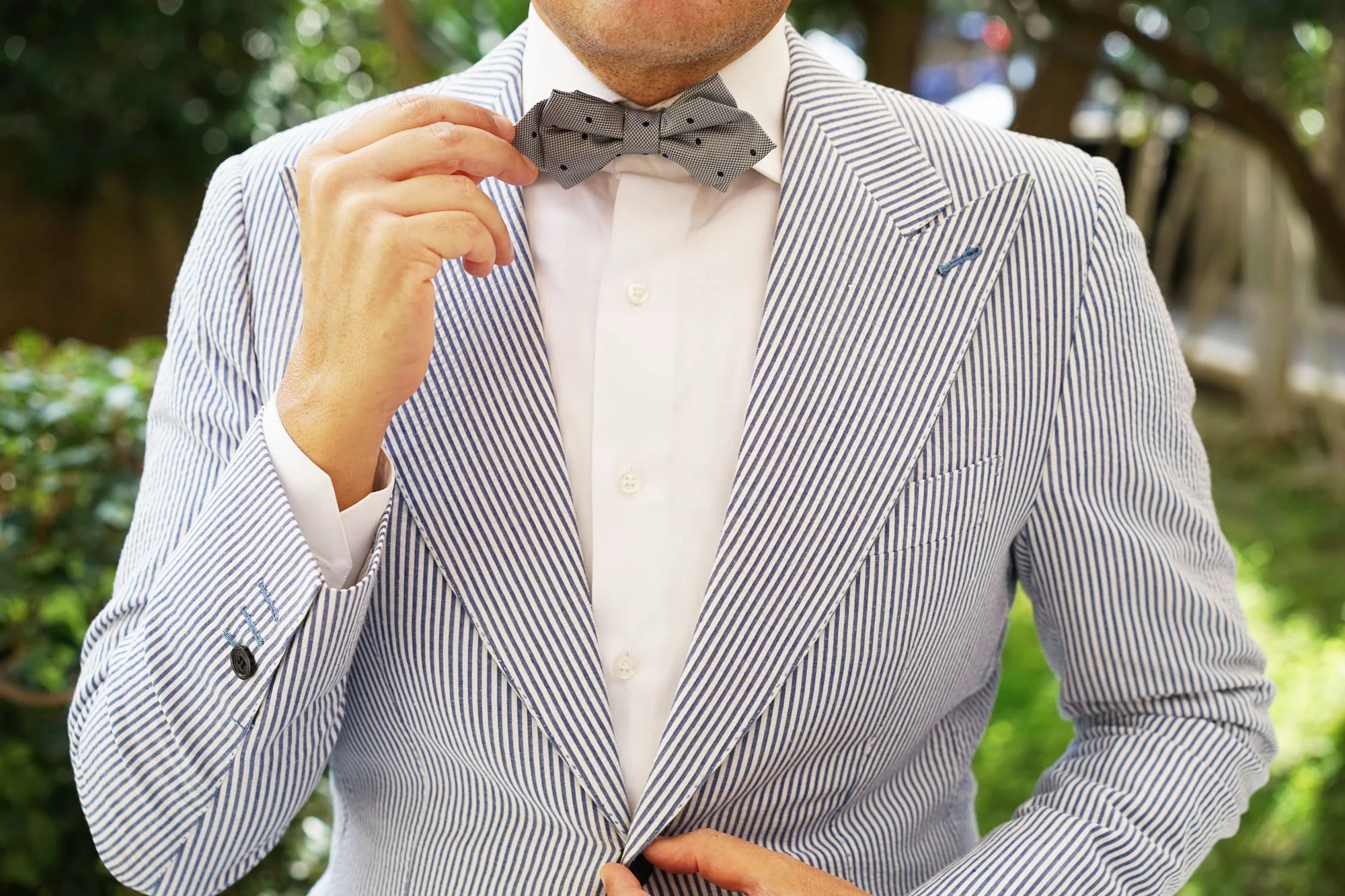 Grey with Navy Blue Polkadots Textured Diamond Bow Tie - Image 7