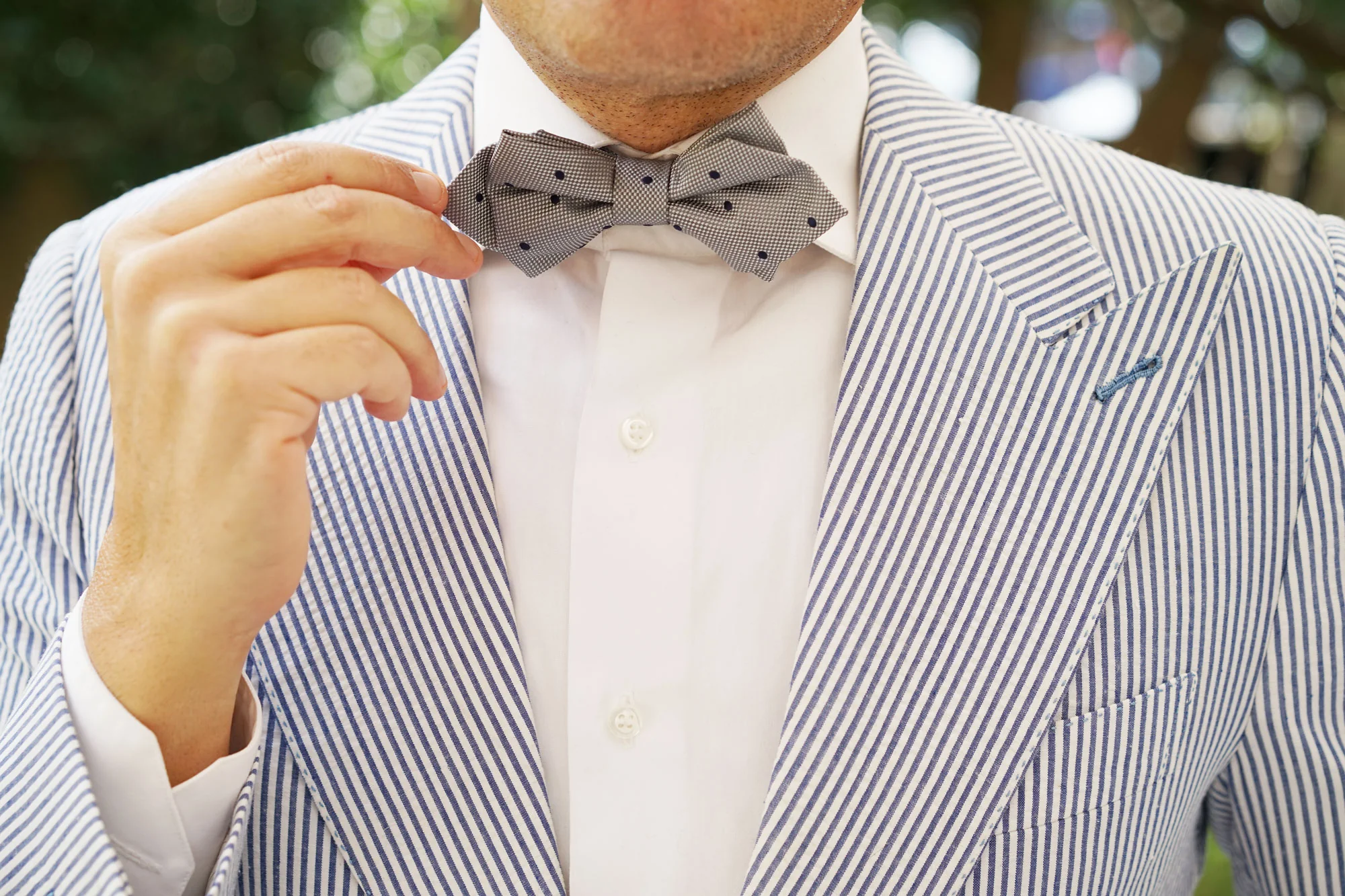 Grey with Navy Blue Polkadots Textured Diamond Bow Tie - Image 8