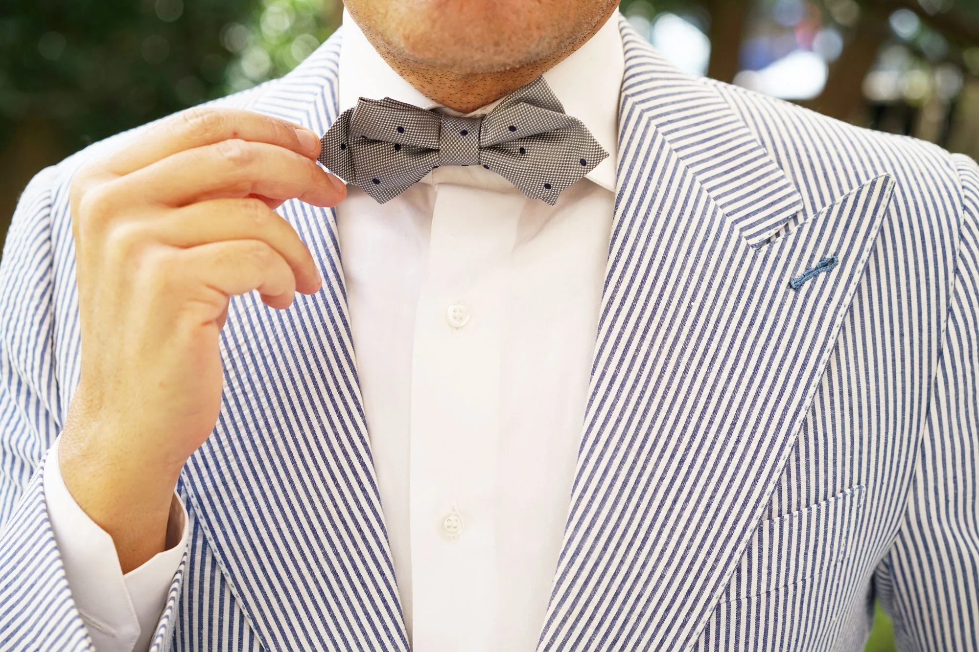 Grey with Navy Blue Polkadots Textured Diamond Bow Tie - Image 9