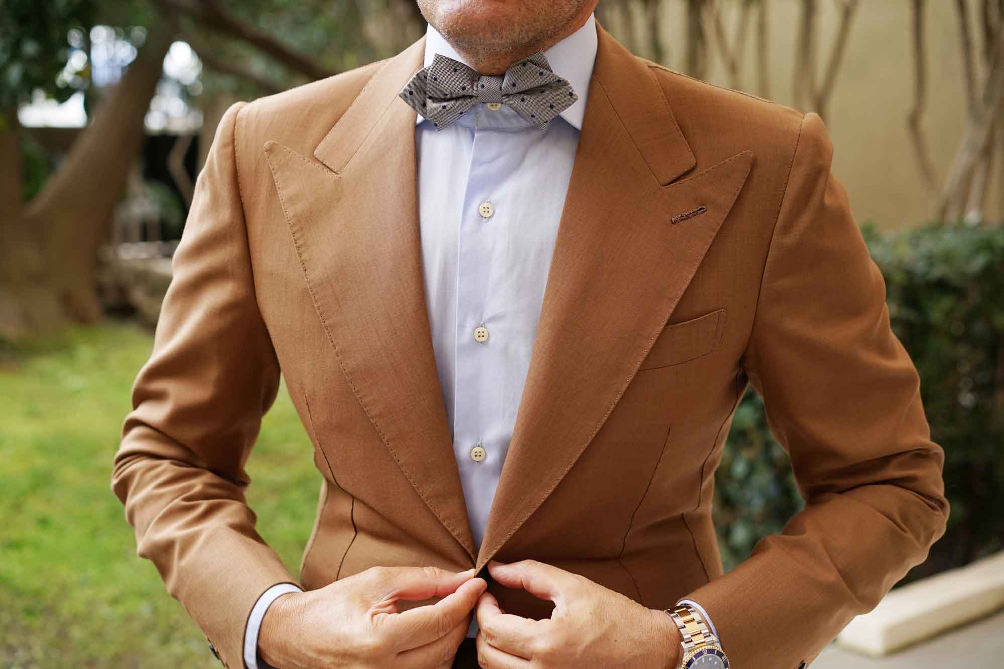 Grey with Oxford Navy Blue Polka Dots Diamond Bow Tie - Image 3