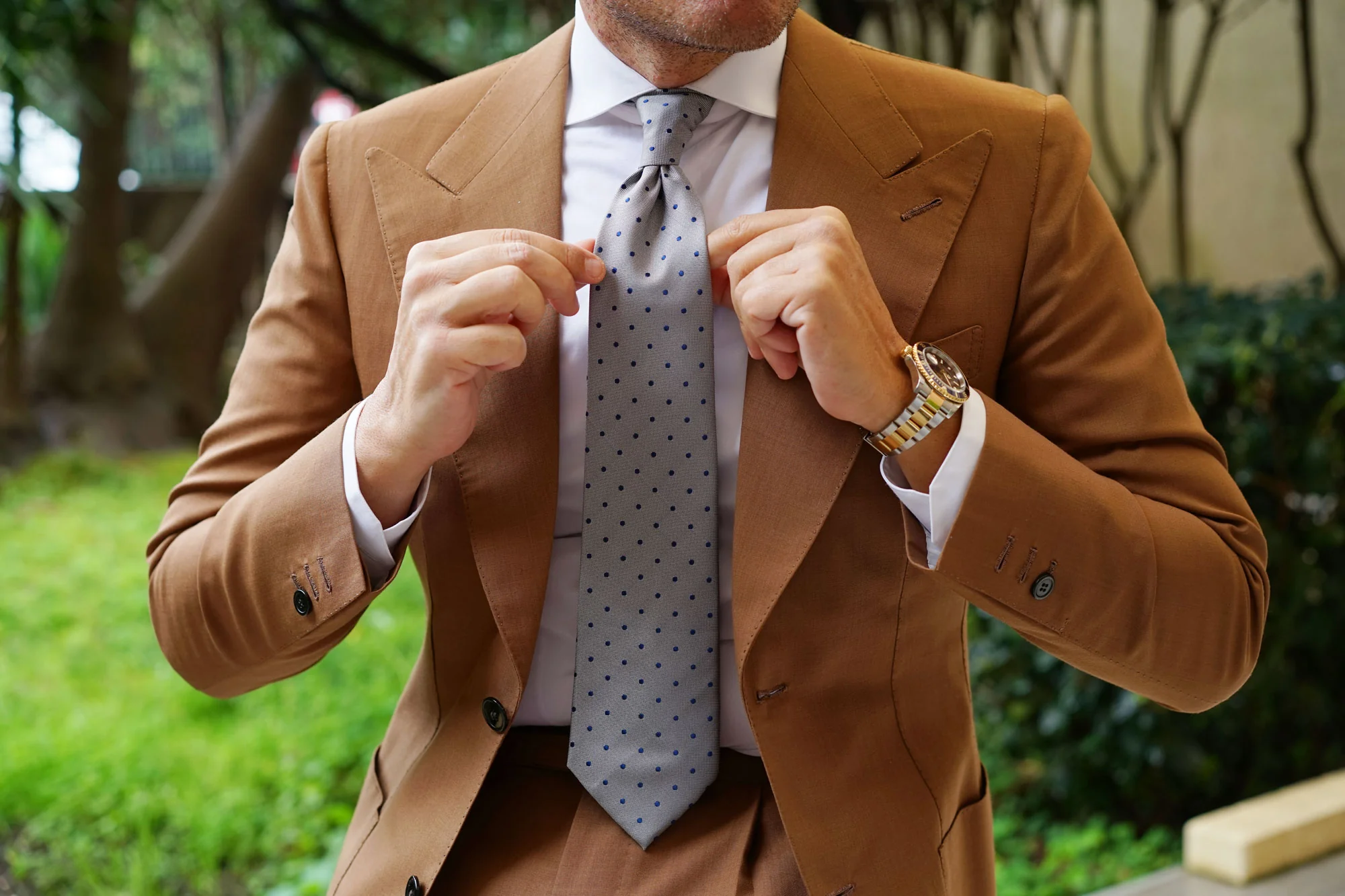 Grey with Oxford Navy Blue Polka Dots Necktie - Image 11